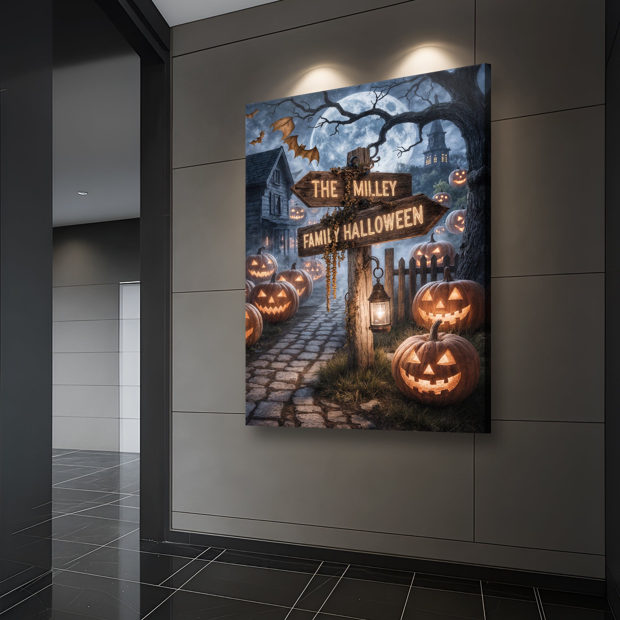 Personalized family name Halloween street sign canvas wall art with spooky design and custom text, perfect for Halloween decor.