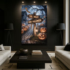 Personalized family name street sign Halloween wall art on canvas, decorative home decor featuring custom text and spooky design.