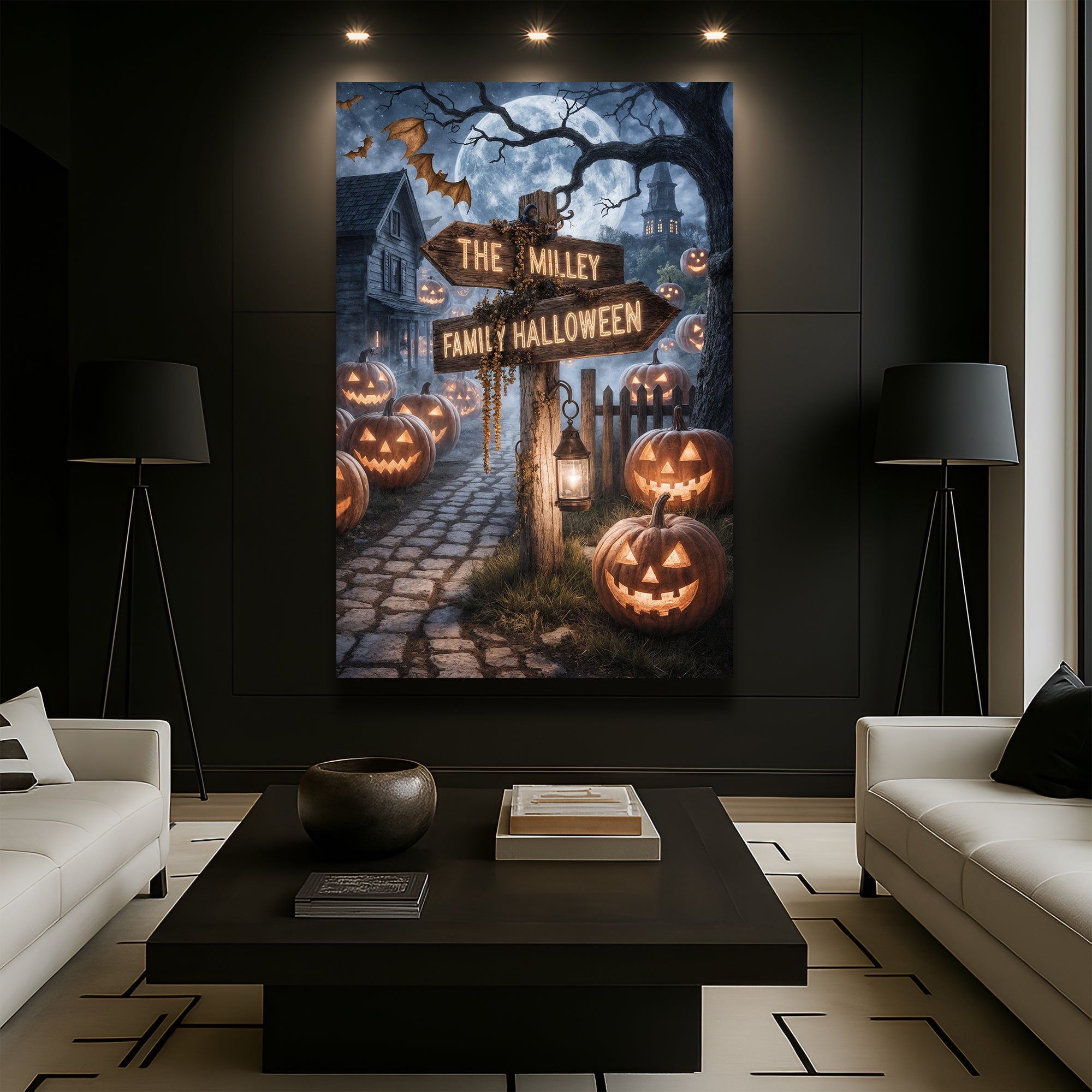Personalized family name street sign Halloween wall art on canvas, decorative home decor featuring custom text and spooky design.