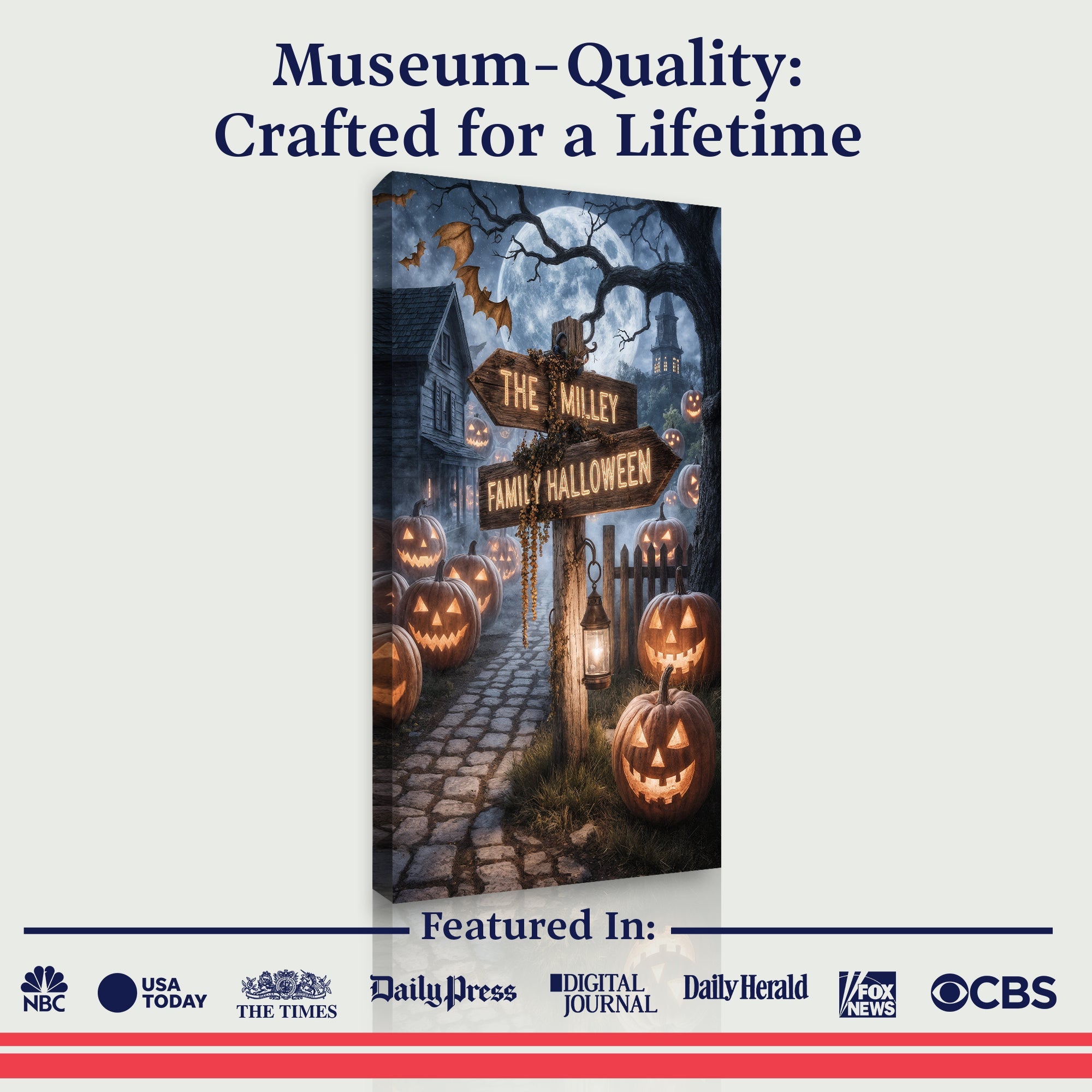 Personalized family name Halloween street sign canvas wall art featuring spooky design and custom text for Halloween decoration.