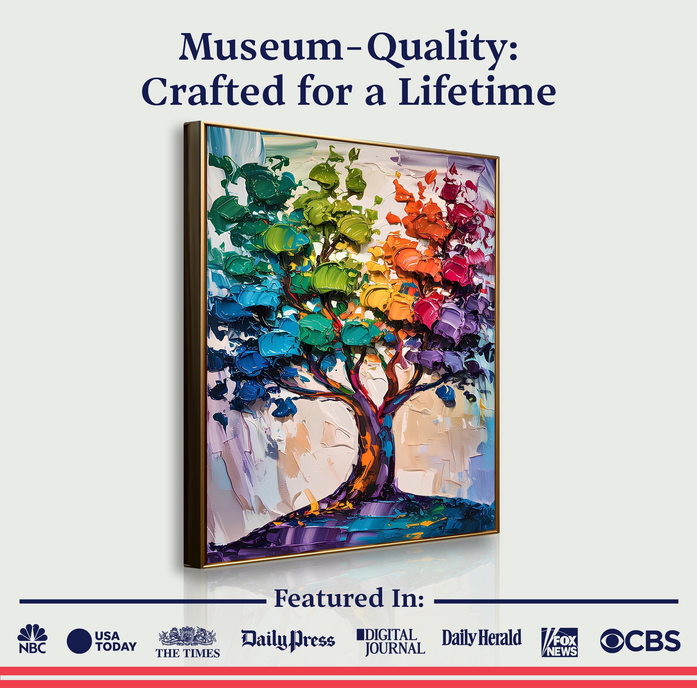 Colorful rainbow tree abstract canvas wall art by Tailored Canvases, featuring vibrant brushstrokes on a textured surface.