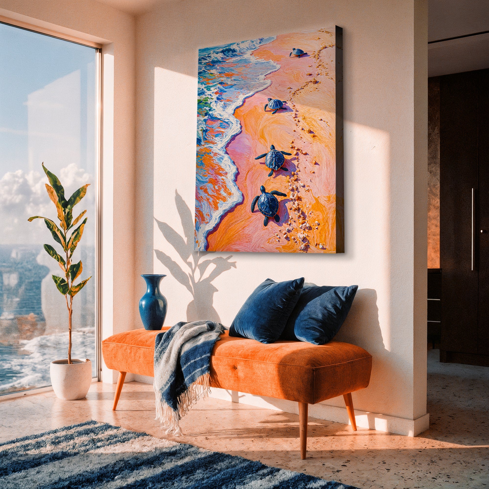 Canvas wall art featuring turtles' journey to the sea, with vibrant sea and shoreline details, by Tailored Canvases.