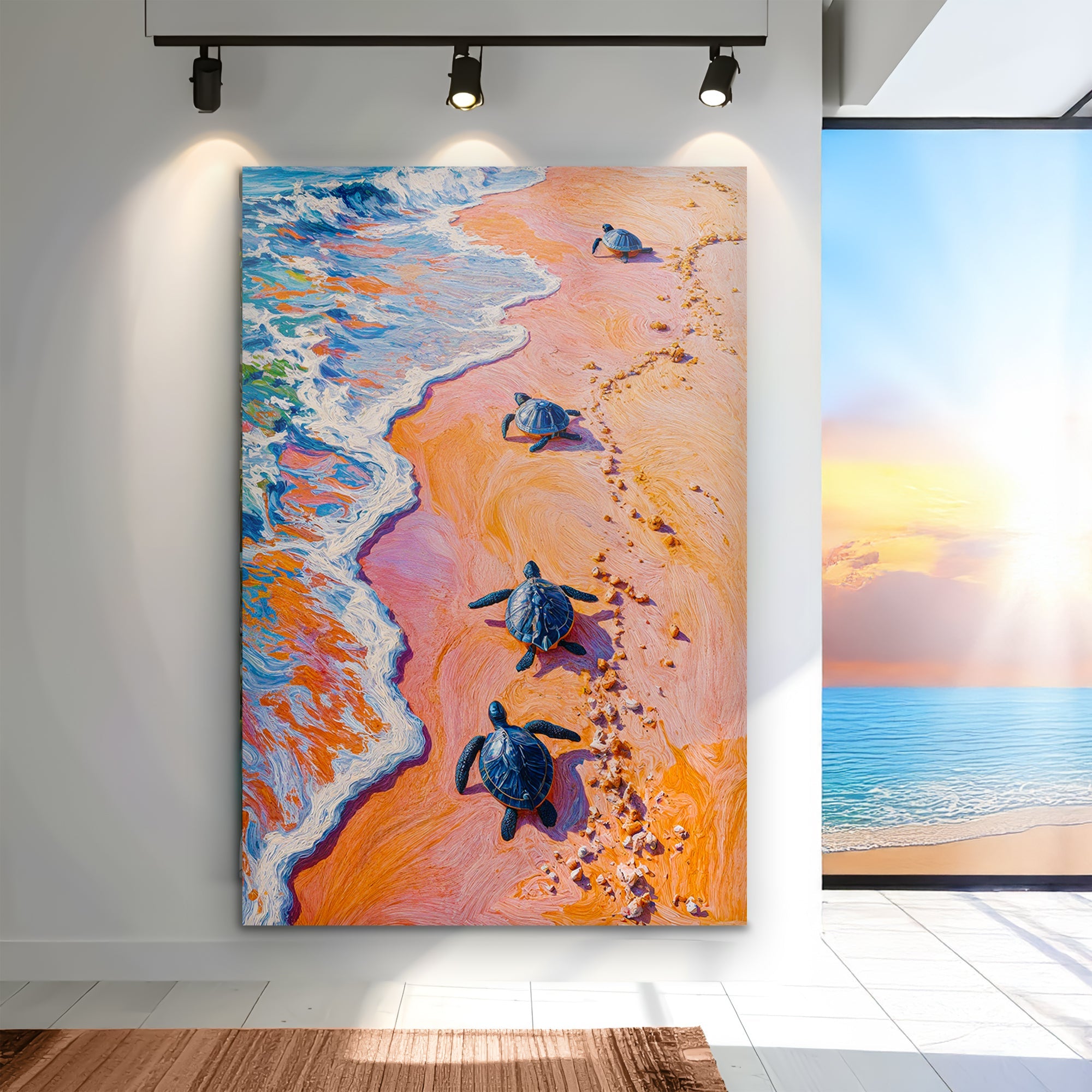 Canvas wall art featuring turtles' journey to the sea, showcasing detailed ocean scene with colorful turtles on a tailored canvas.