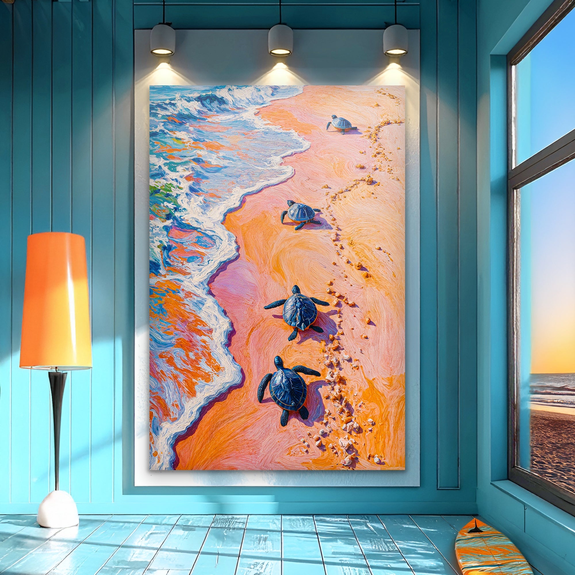 Colorful canvas wall art featuring turtles' journey to the sea, created by Tailored Canvases, showcasing vibrant marine scene.