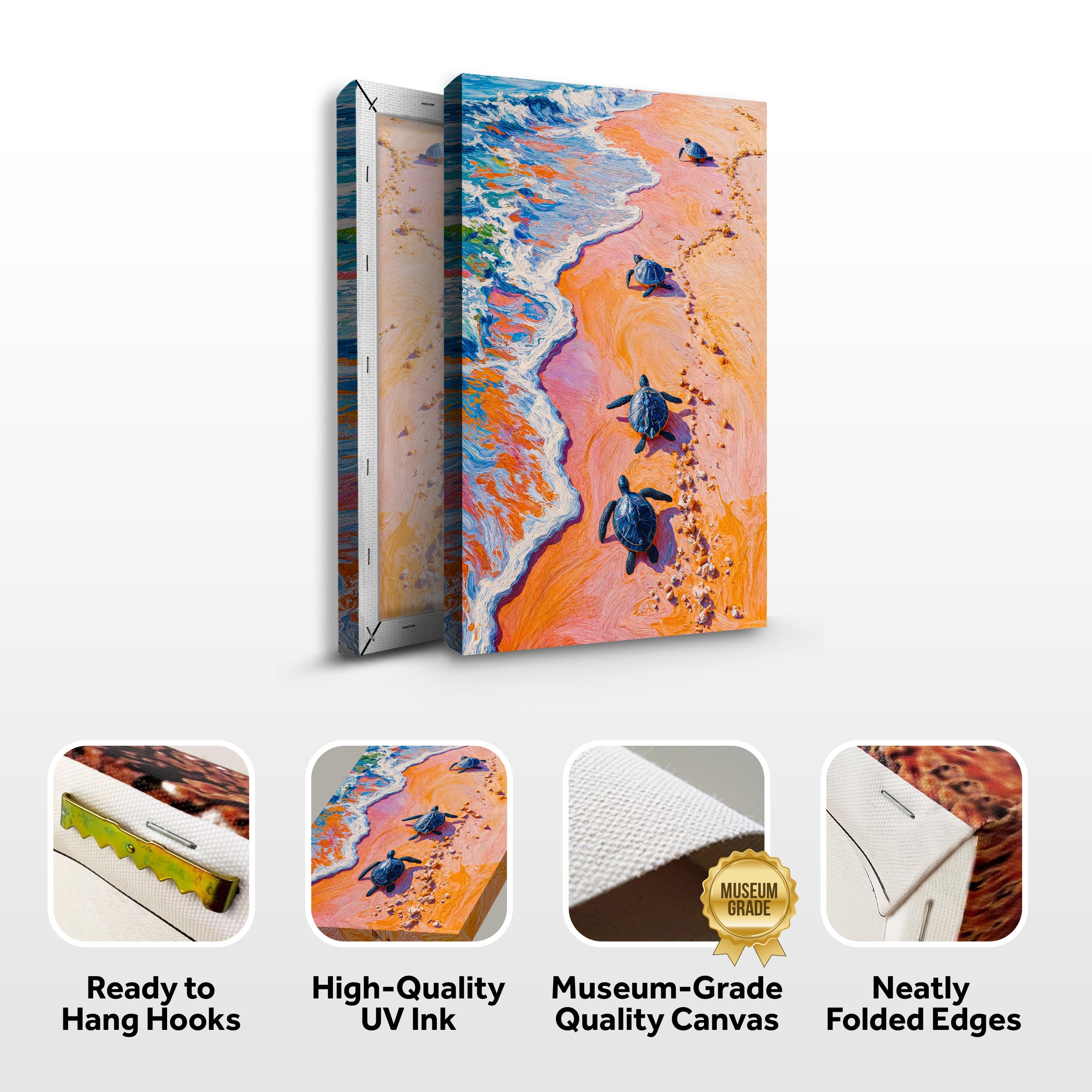 Canvas wall art featuring turtles' journey to the sea, with colorful sea turtle illustrations on a textured canvas background.