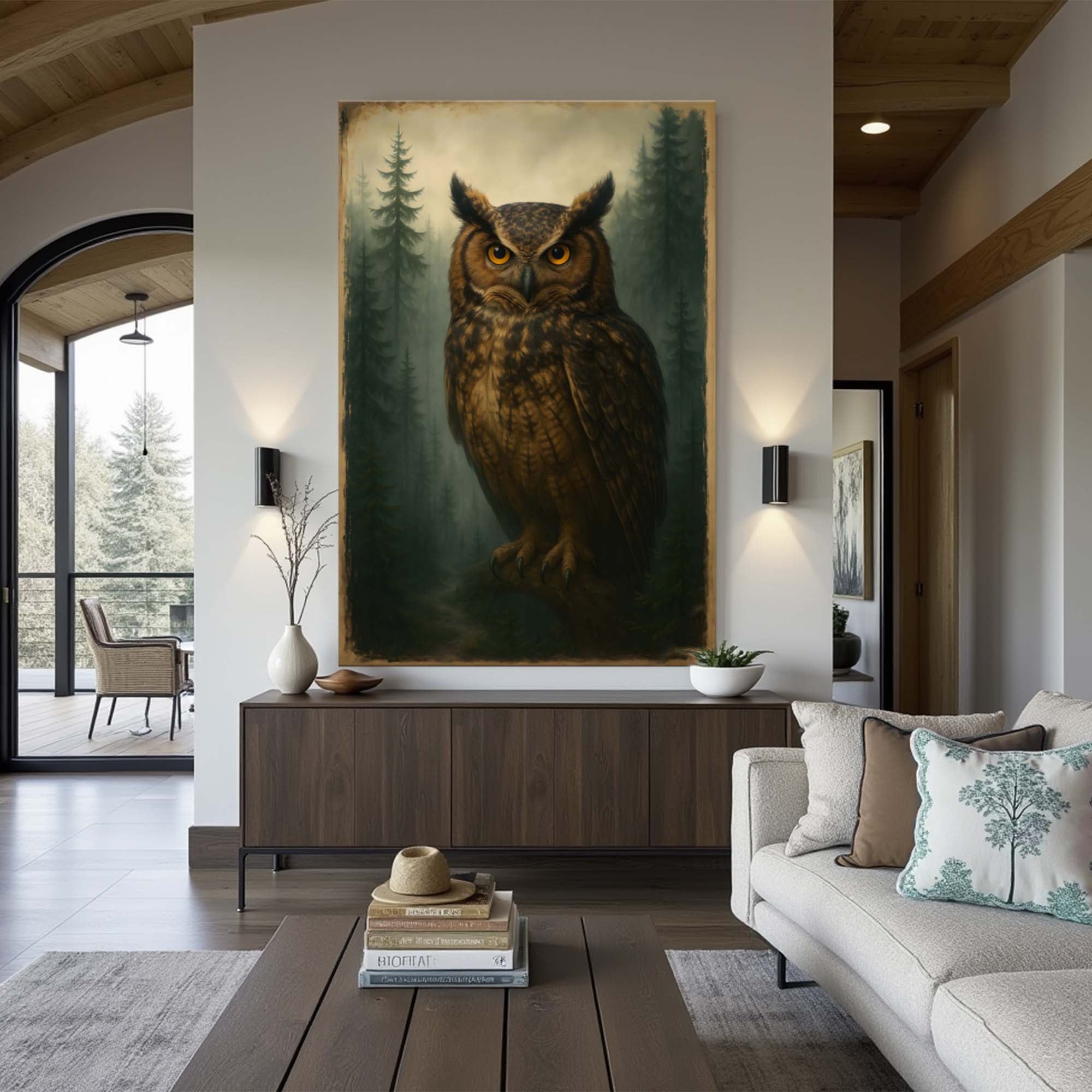 Canvas wall art of an owl from Watcher Of The Woods series by Tailored Canvases, featuring detailed woodland owl design.