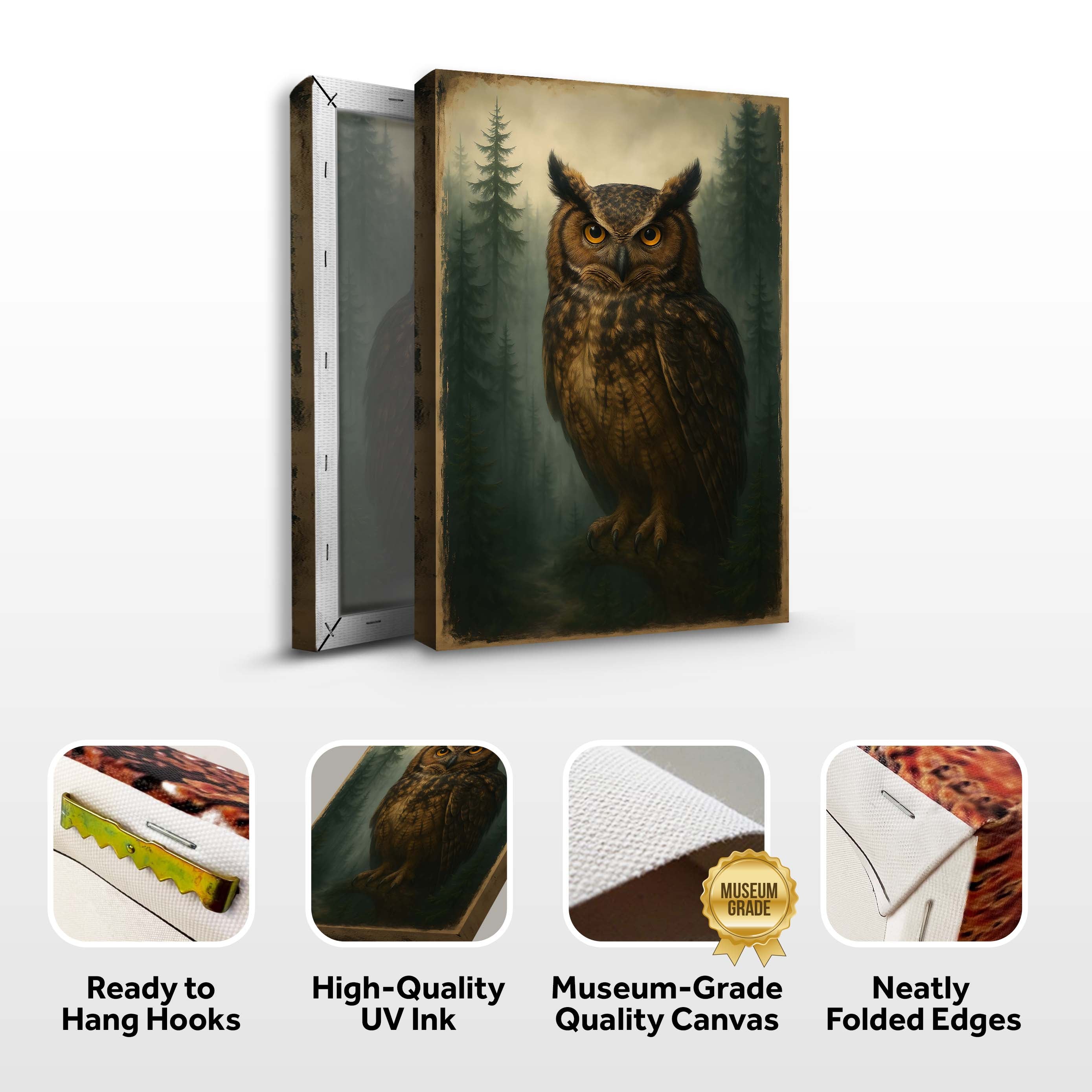Canvas wall art featuring a detailed owl from the Watcher Of The Woods series by Tailored Canvases.