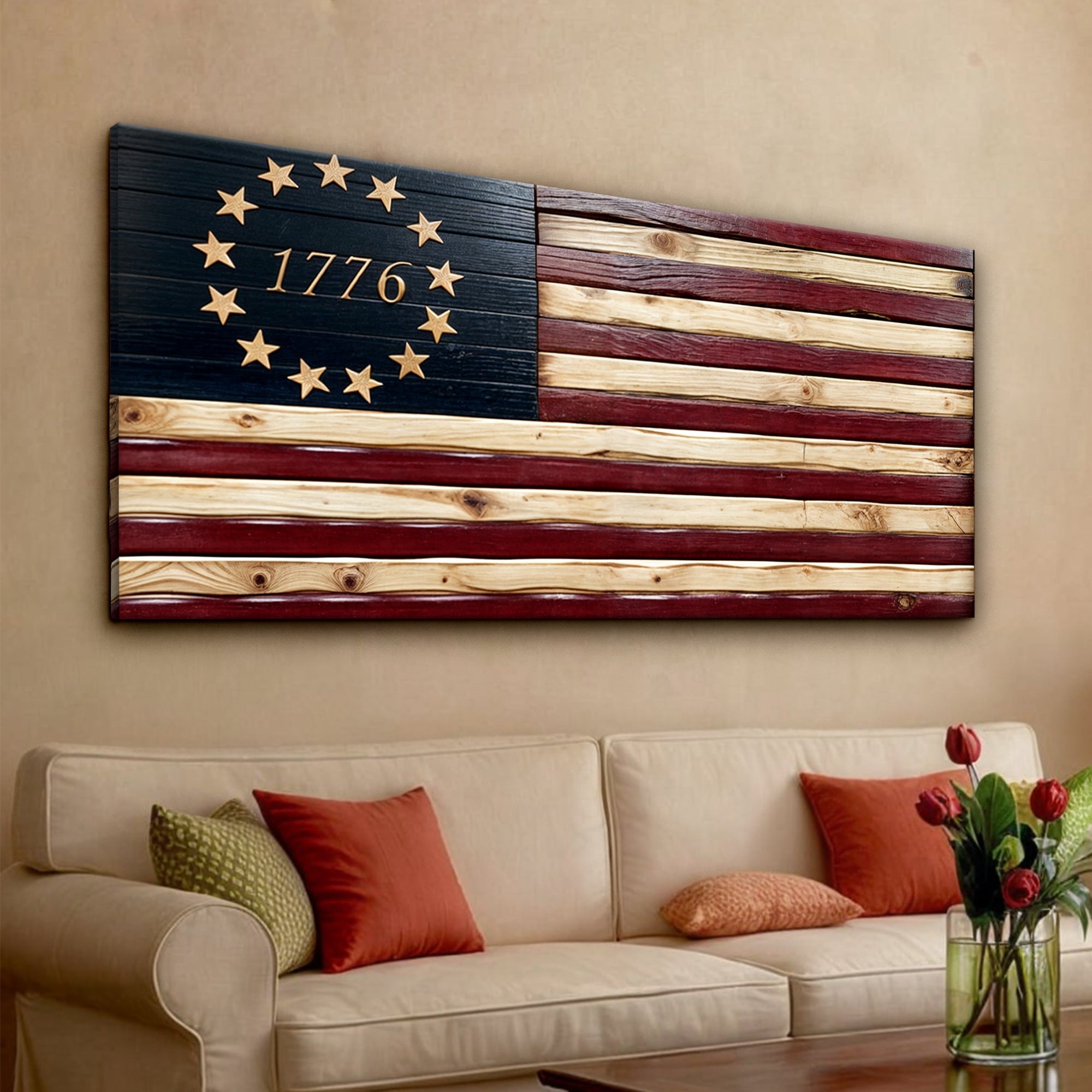 American flag wall art on canvas by Tailored Canvases, featuring patriotic design with bold red, white, and blue colors.