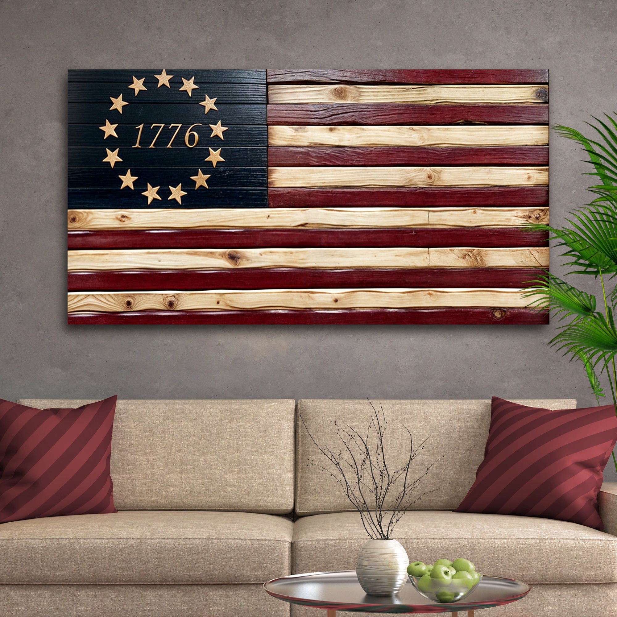 American flag wall art on canvas by Tailored Canvases, featuring vibrant red, white, and blue stars and stripes design.