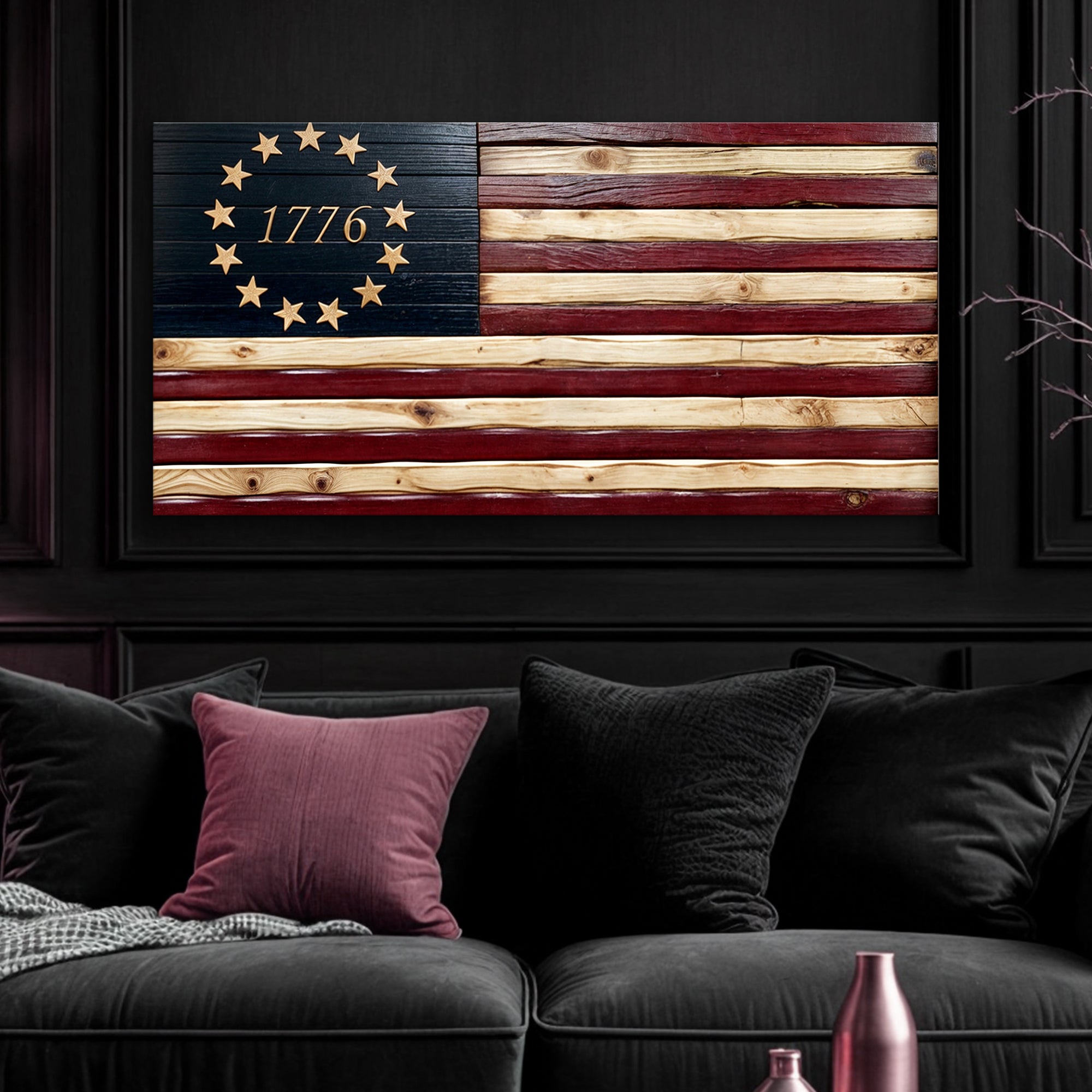 American flag wall art on canvas featuring patriotic red, white, and blue colors with stars and stripes, by Tailored Canvases.