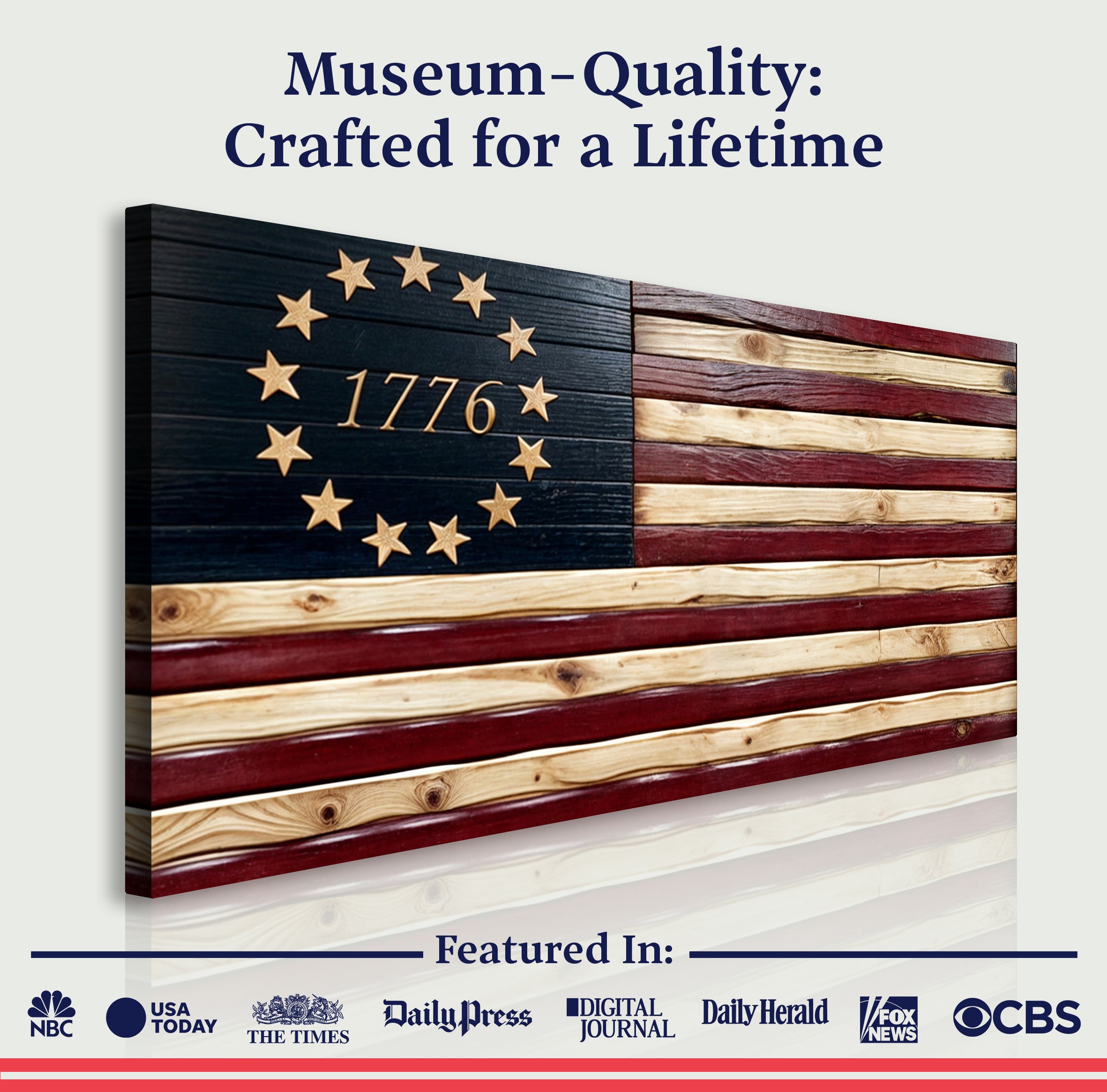 American flag canvas wall art by Tailored Canvases featuring a detailed 1776 patriotic design on a textured fabric surface.