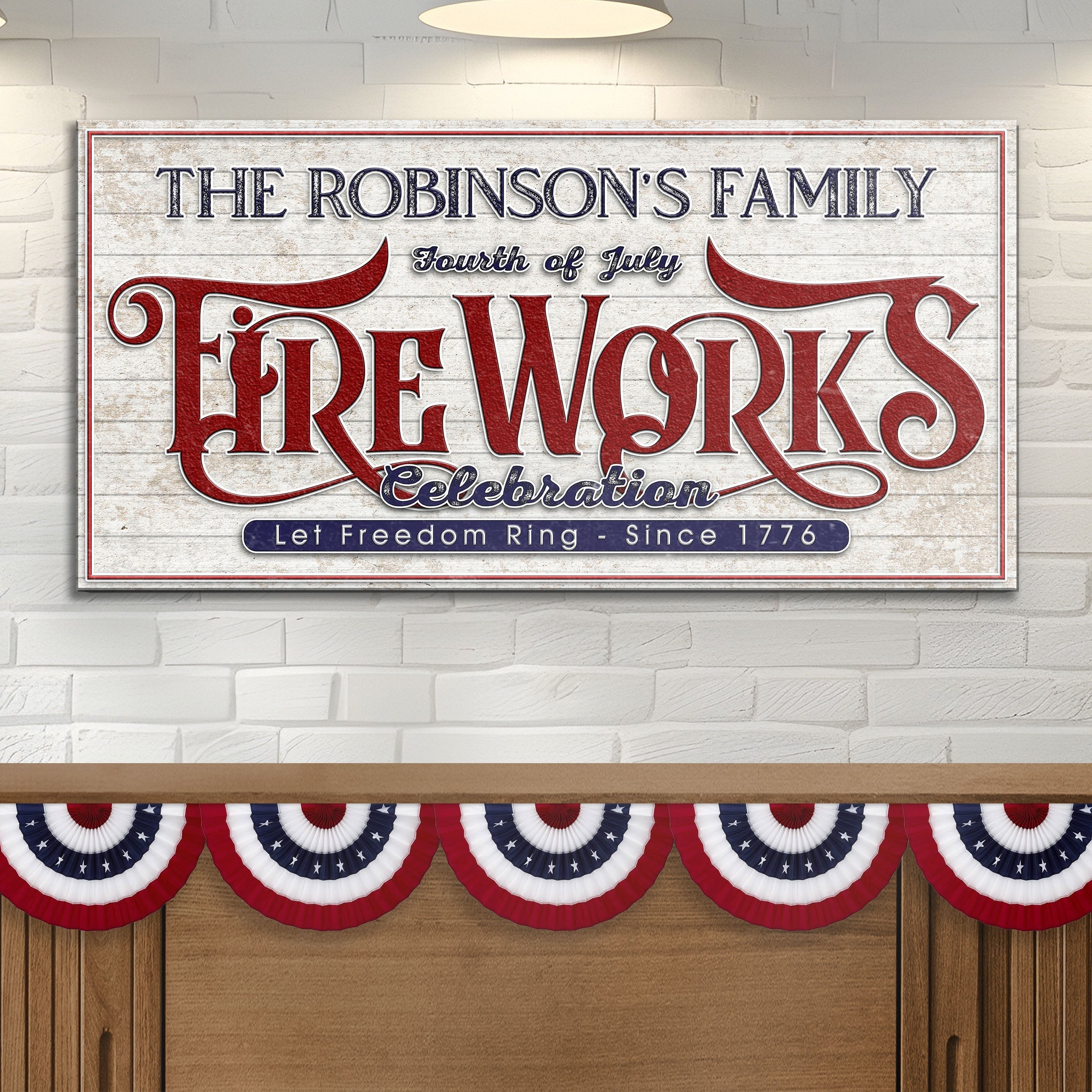 Personalized 4th of July fireworks celebration canvas sign with vibrant patriotic design, suitable for festive home decor.