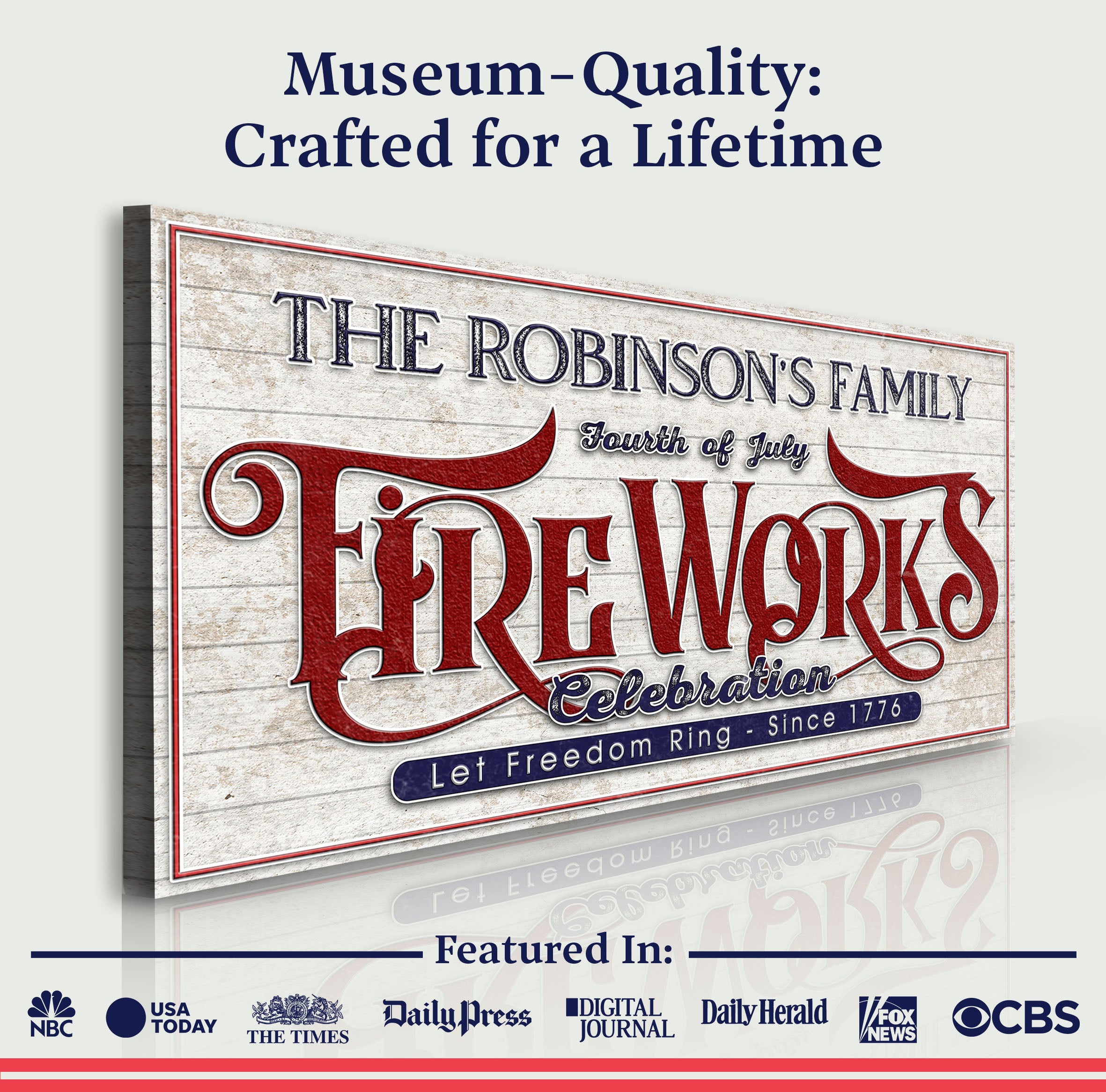 Museum-quality canvas featuring a personalized 4th of July fireworks celebration sign by Tailored Canvases.