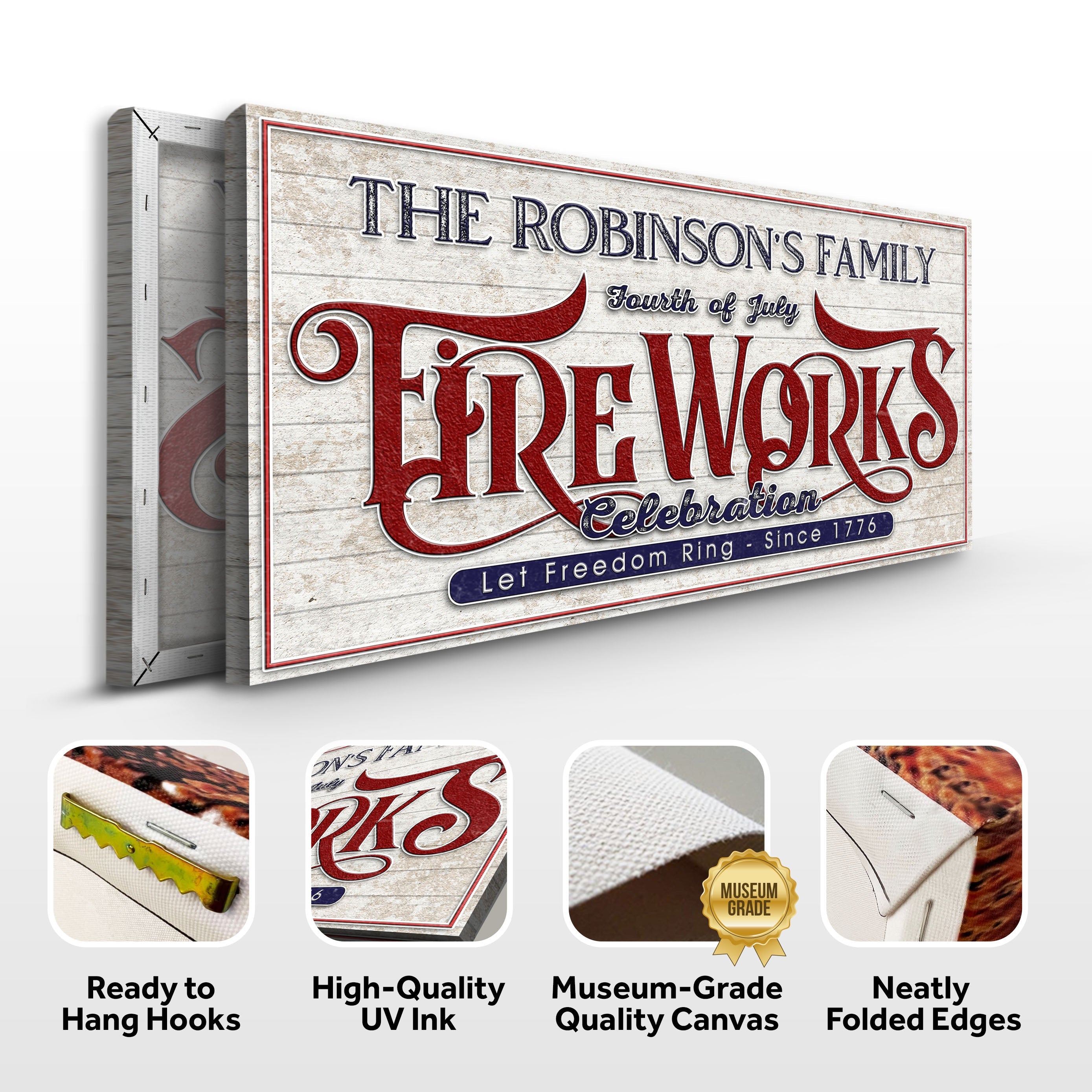 Personalized 4th of July fireworks celebration canvas sign with vibrant colors and festive design.