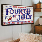 Personalized 4th of July welcome sign on canvas with red, white, and blue patriotic design, by Tailored Canvases.
