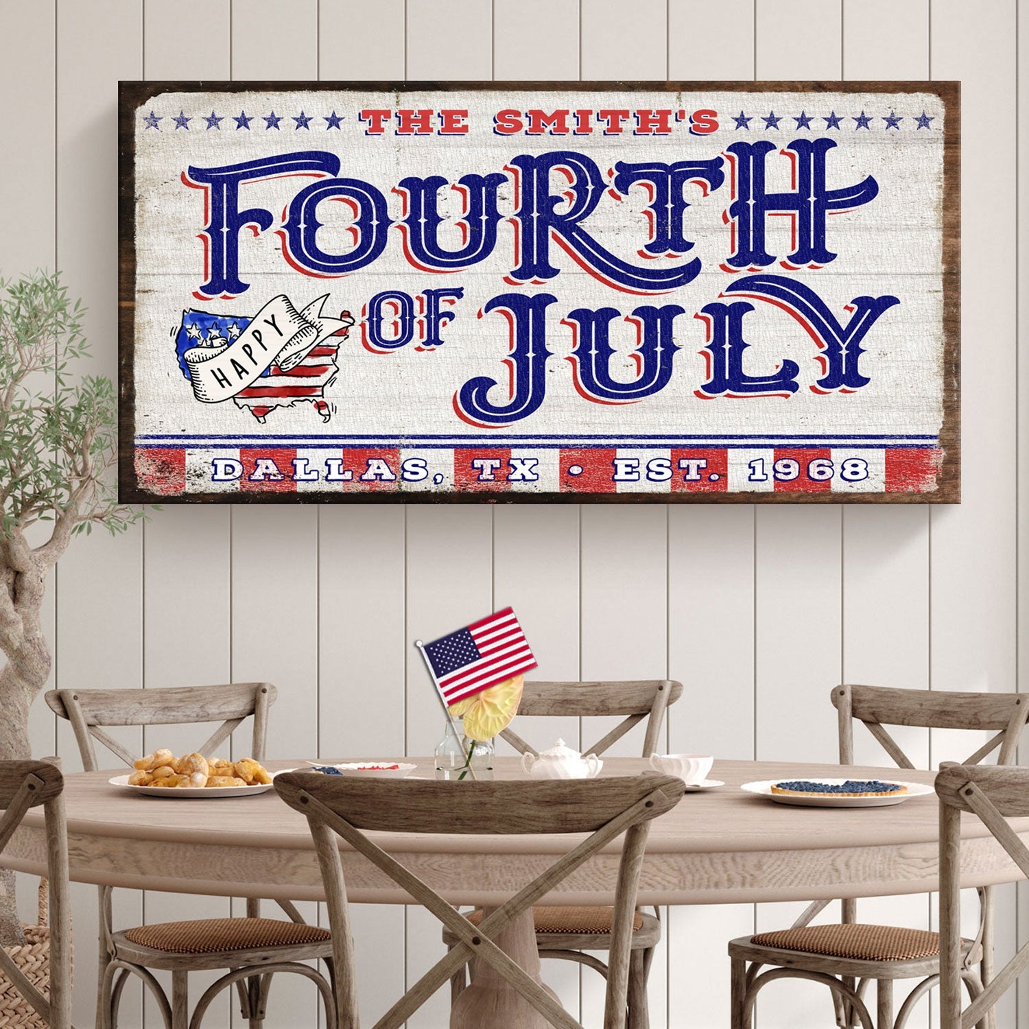 Personalized 4th of July welcome sign on canvas from Tailored Canvases, featuring patriotic design and customizable text.