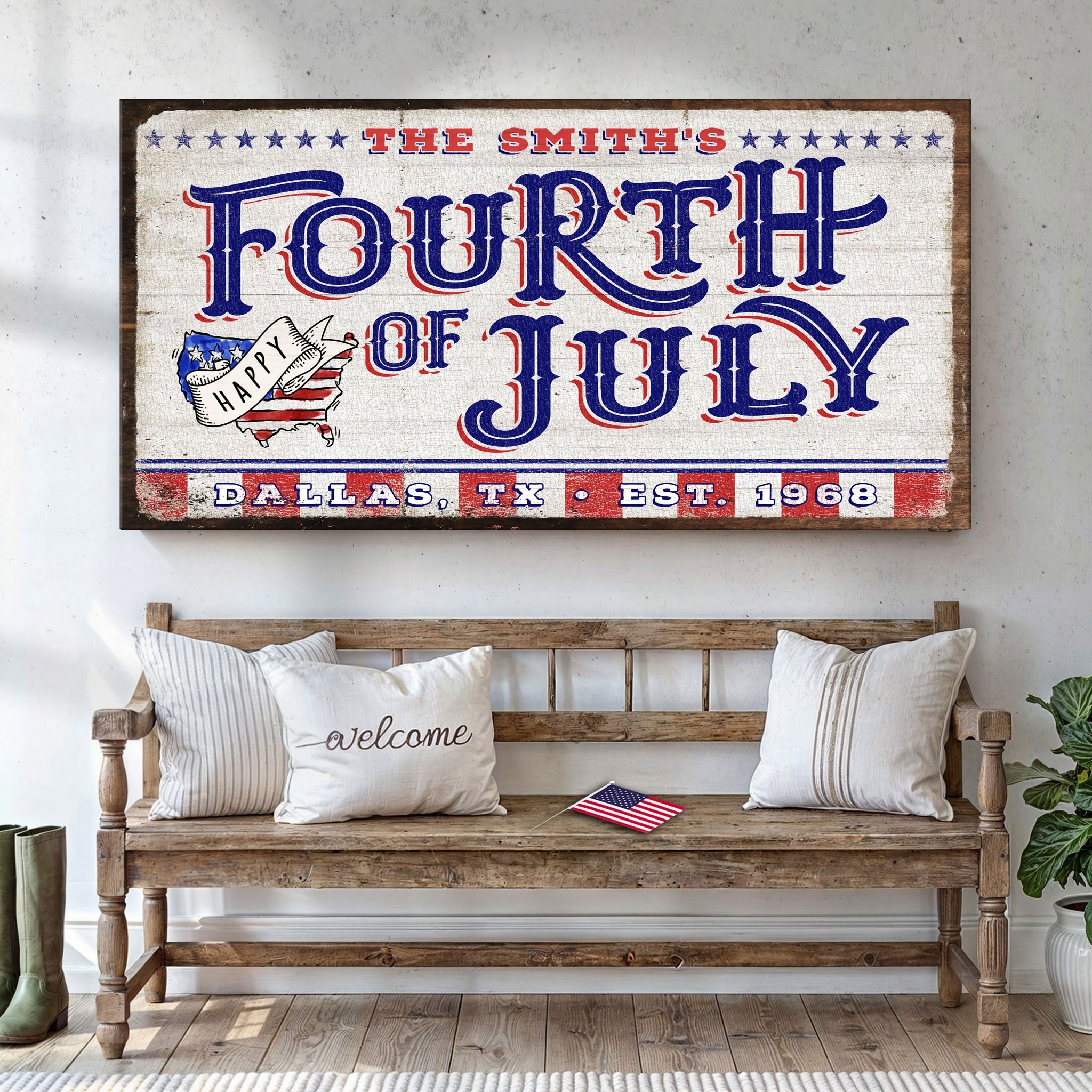 Personalized 4th of July welcome sign on canvas by Tailored Canvases, featuring patriotic red, white, and blue design.