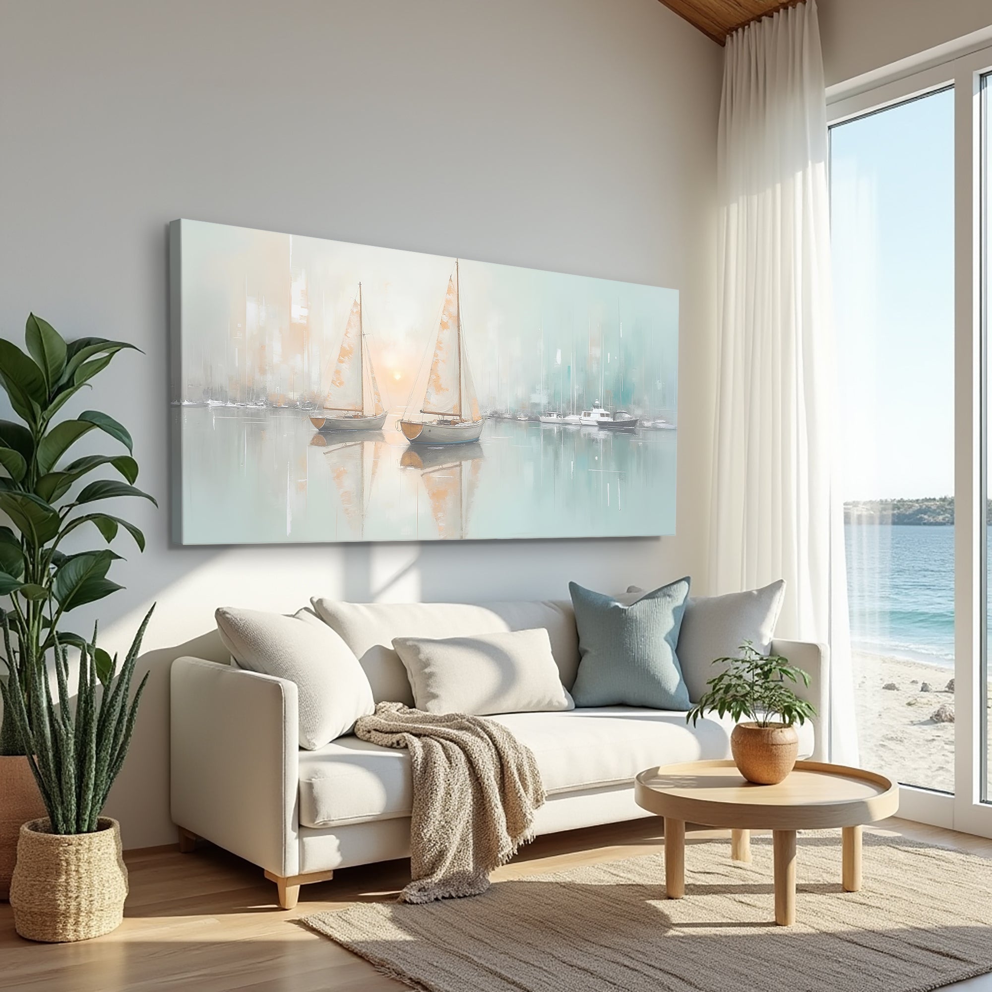 Abstract pier and dock wall art on canvas by Tailored Canvases, featuring vibrant, artistic coastal scenery with boats and water reflections.