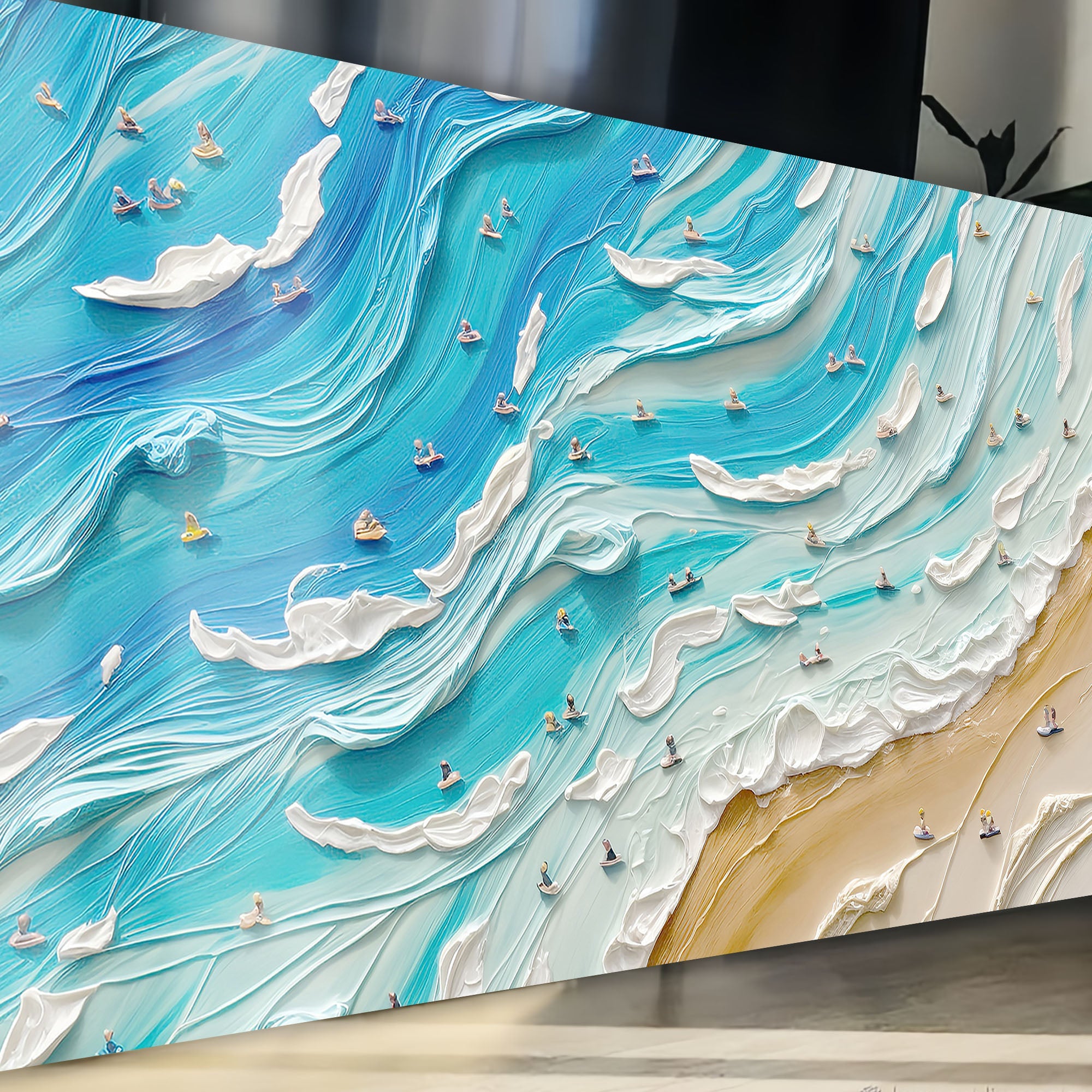 Colorful beach days wall art canvas by Tailored Canvases featuring vibrant seaside scene with boats and sandy shoreline.