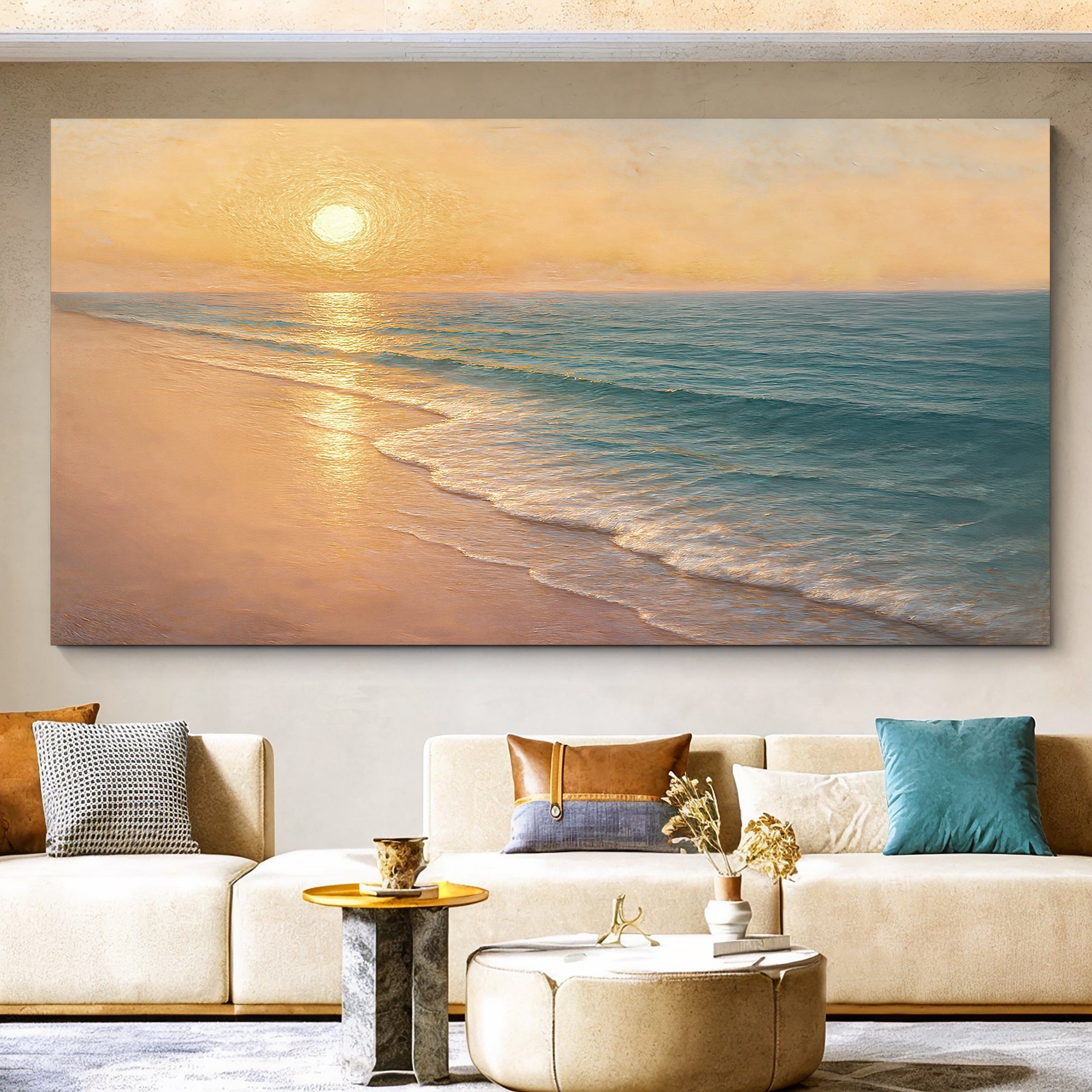 Coastal beach shoreline canvas wall art by Tailored Canvases, featuring a serene seaside scene on a framed canvas.