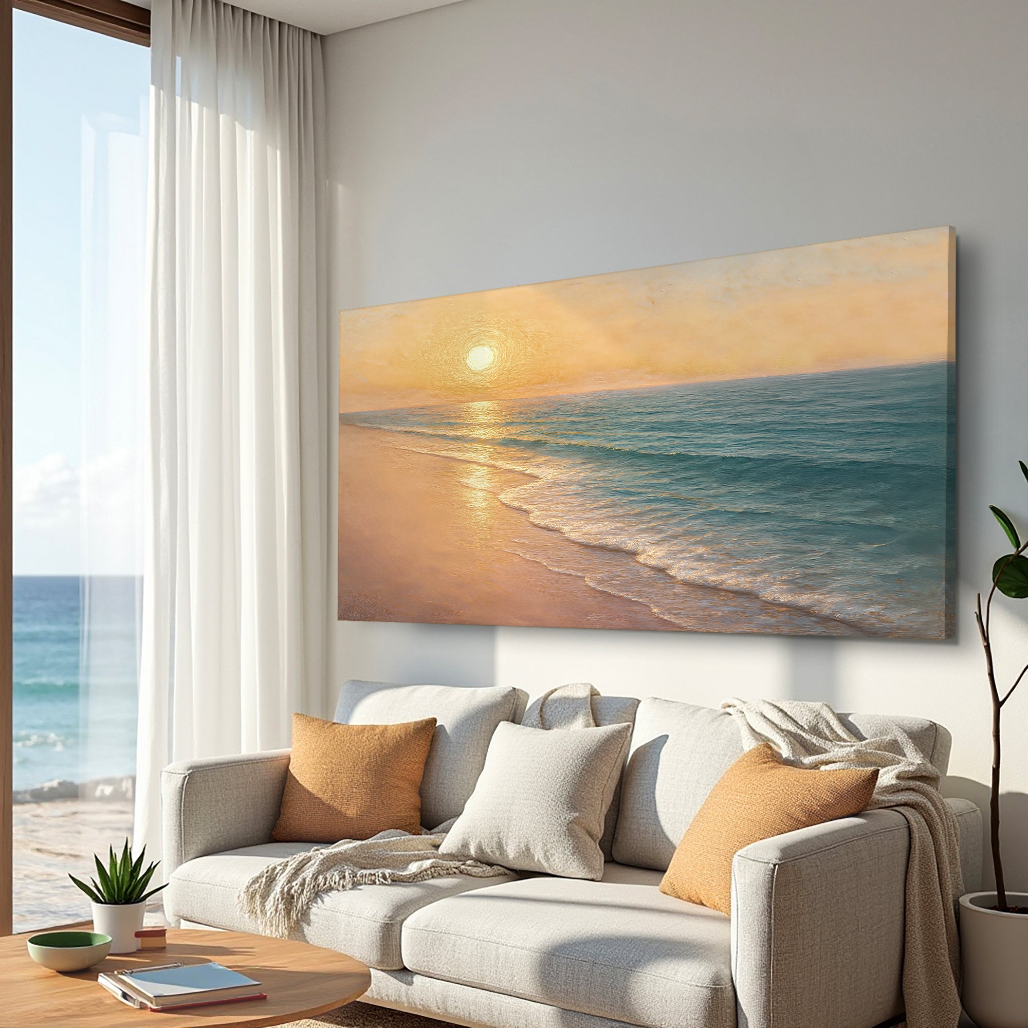 Canvas wall art featuring a beach shoreline coastal scene by Tailored Canvases, depicting a serene seaside landscape.