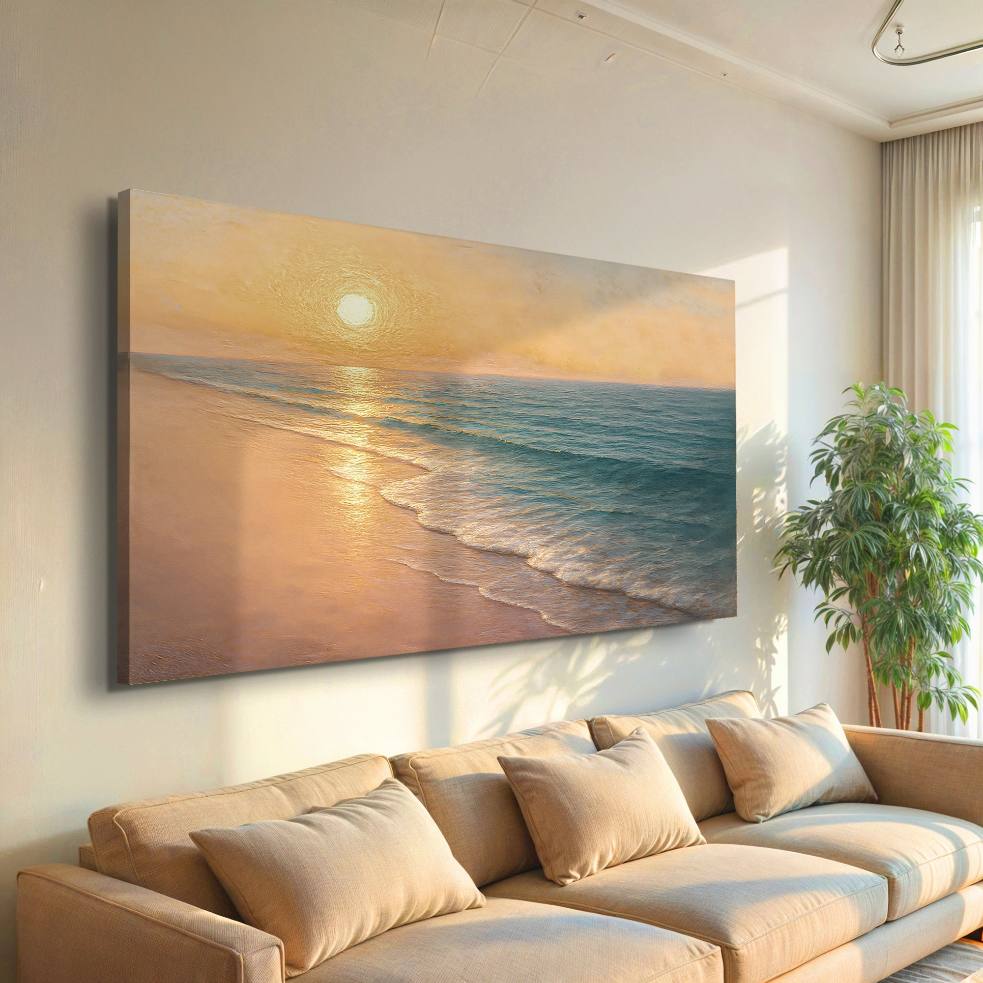 Canvas wall art featuring a serene beach shoreline scene, created by Tailored Canvases for coastal home decor.