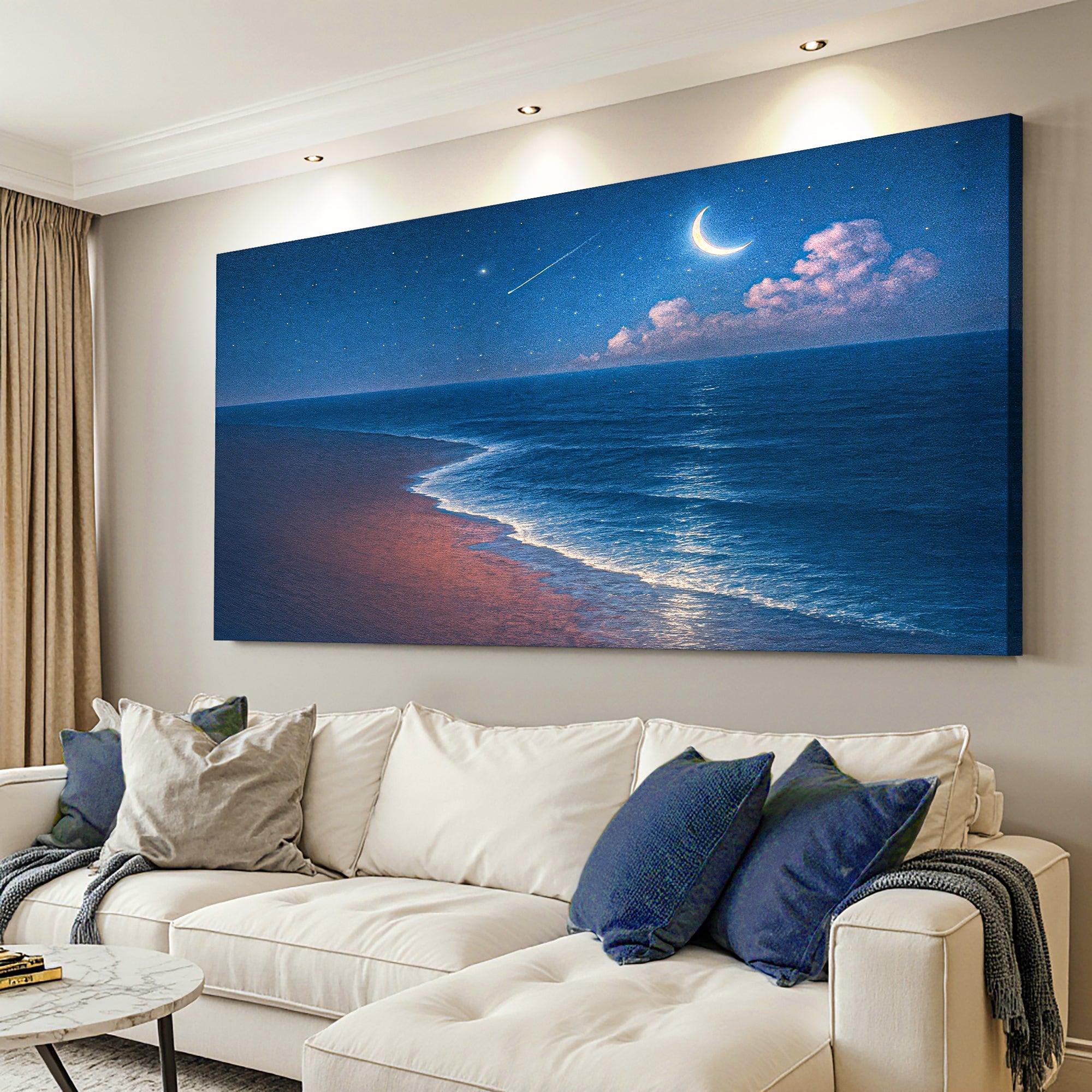 Canvas wall art by Tailored Canvases featuring a serene beach shoreline scene, ideal for coastal home decor.