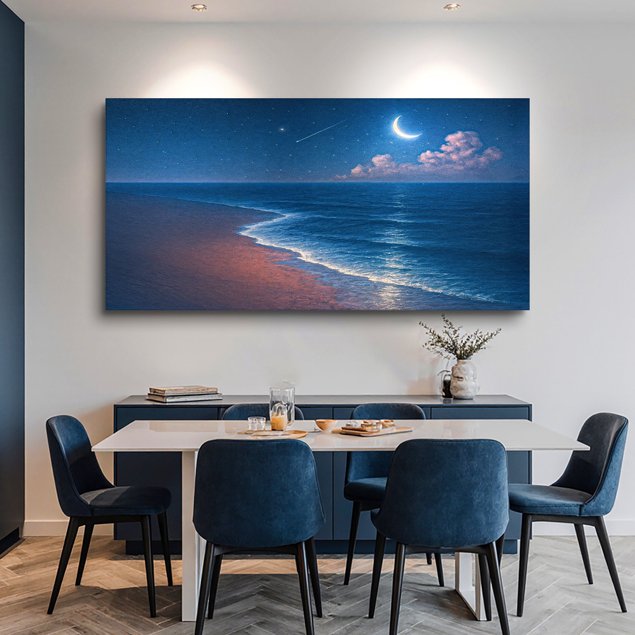 Beach shoreline coastal wall art canvas by Tailored Canvases featuring a serene ocean scene with sandy beach and gentle waves.