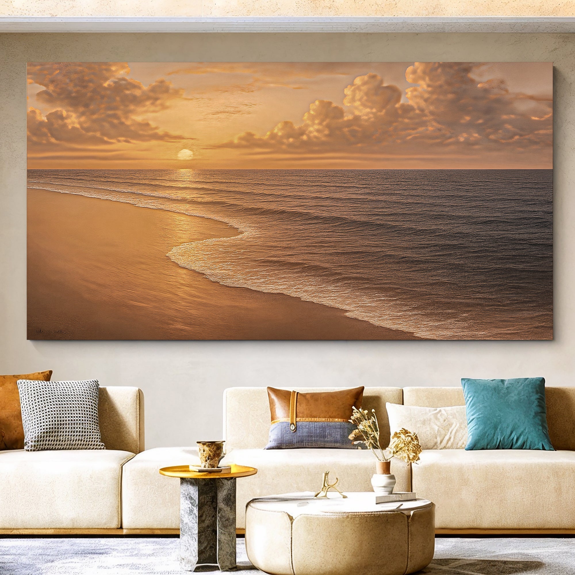 Beach shoreline coastal wall art canvas by Tailored Canvases showing a serene seaside scene with sand and water.