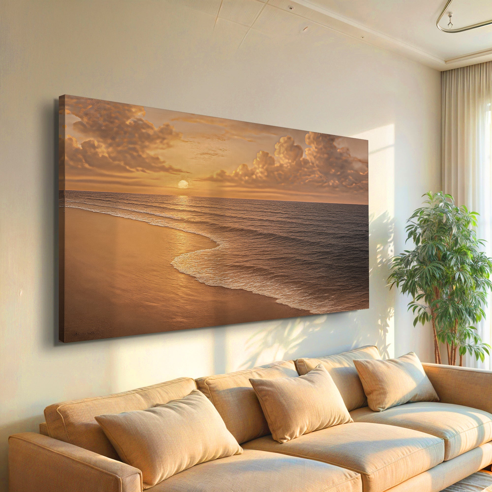Beach shoreline coastal wall art canvas by Tailored Canvases featuring a serene seaside scene with sandy beach and gentle waves.