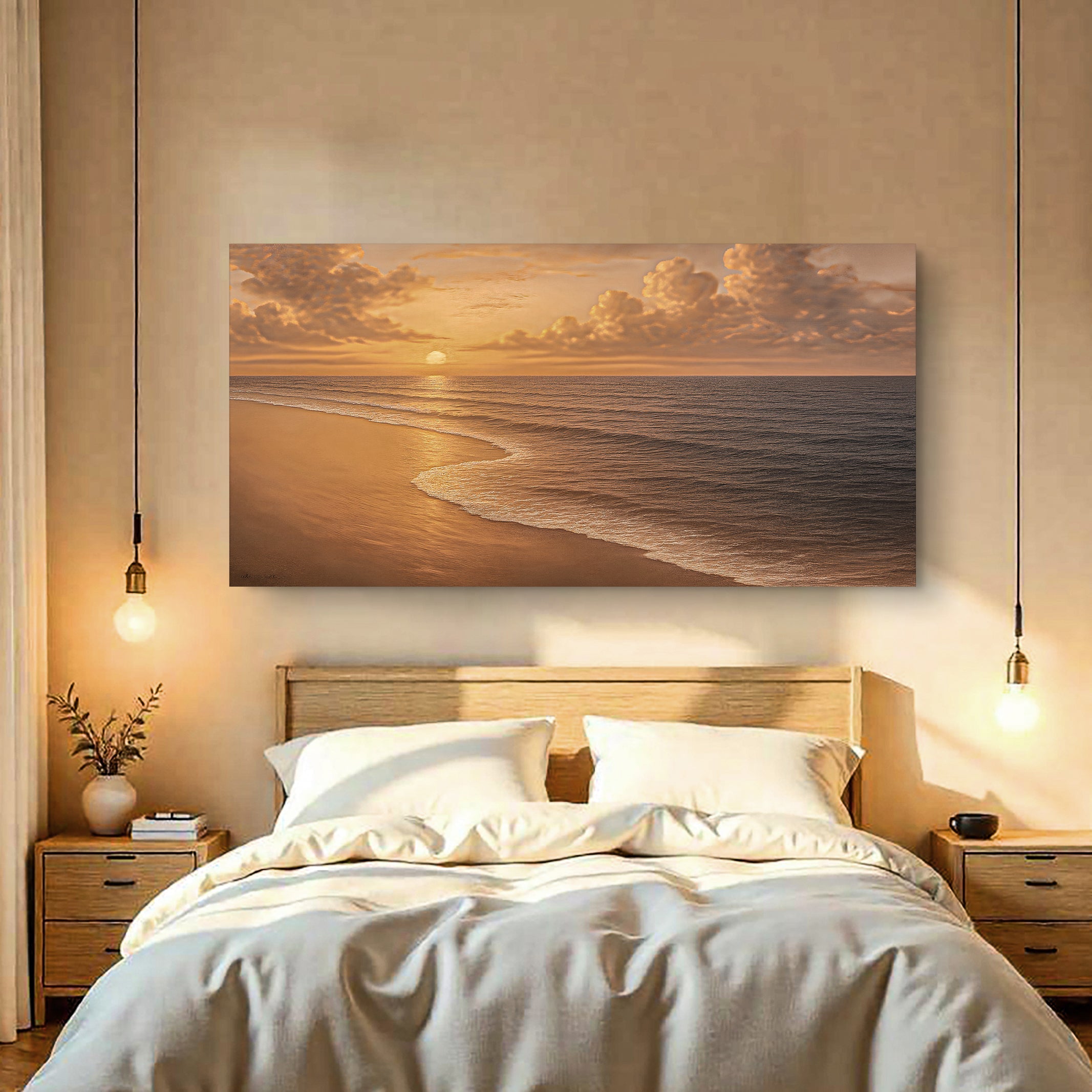 Beach shoreline coastal wall art canvas by Tailored Canvases depicting a serene beach scene with sandy shore and ocean waves.