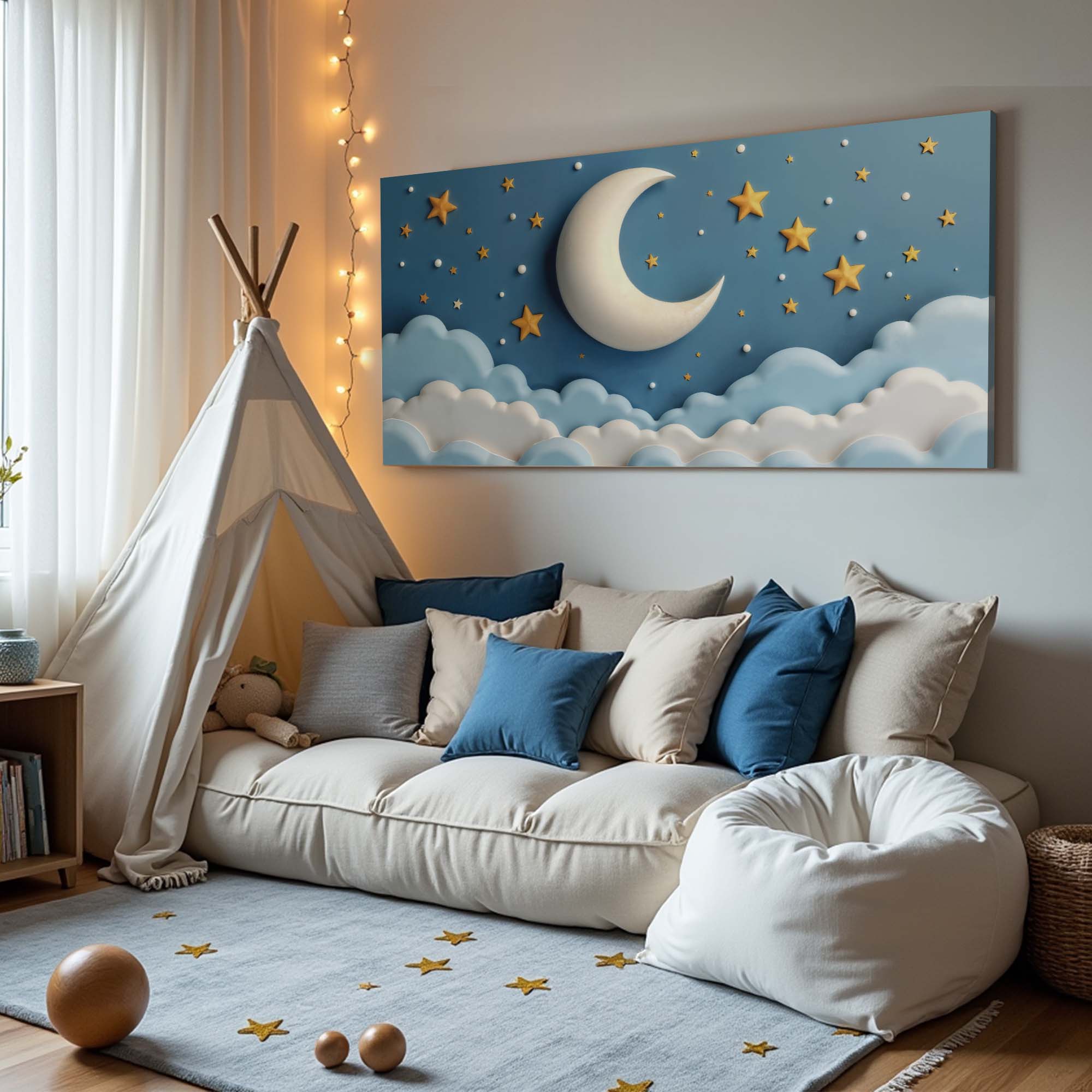 Celestial Serenade wall art canvas by Tailored Canvases featuring a dreamy night sky with stars and cosmic motifs.