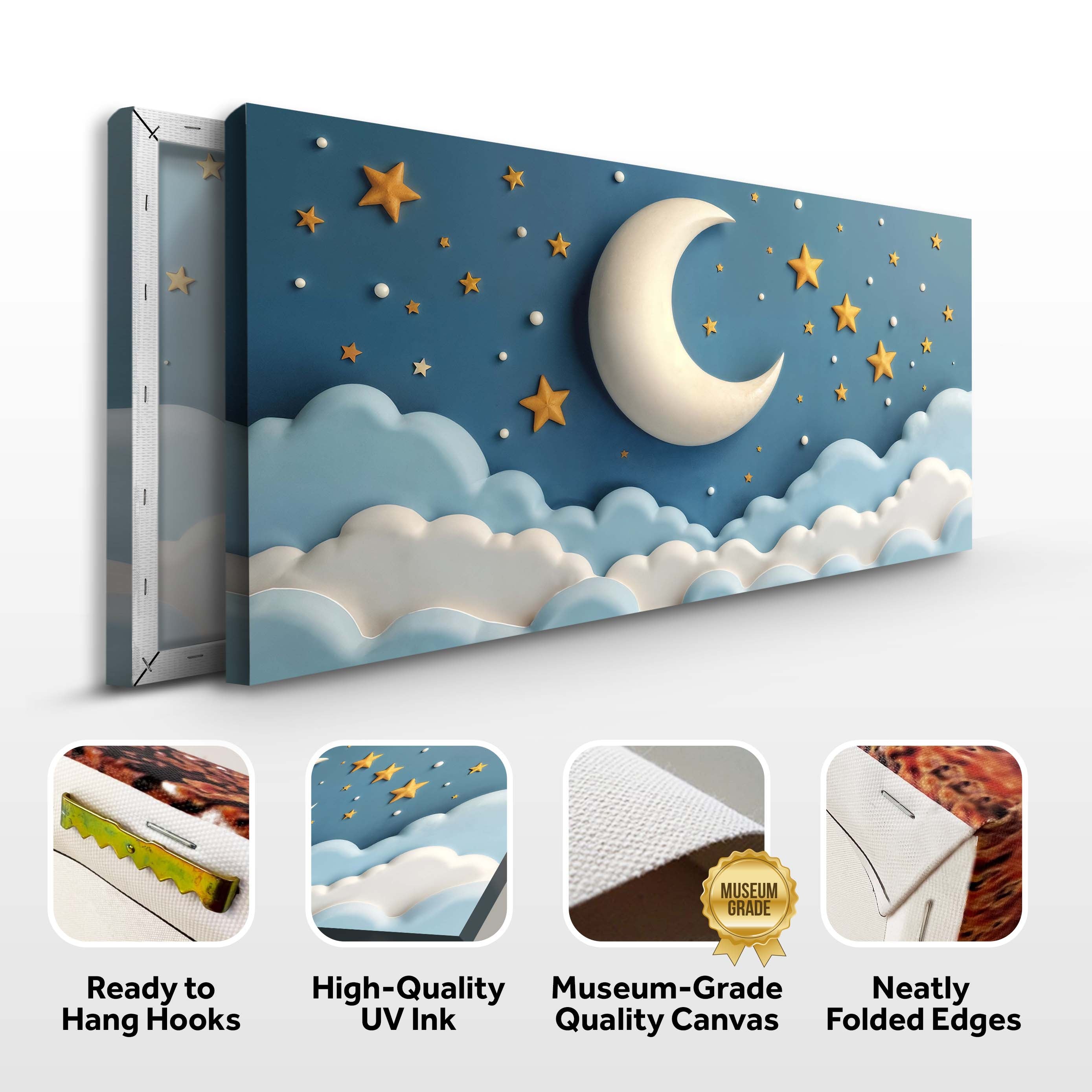 Canvas wall art featuring a celestial serenade design by Tailored Canvases, with vibrant stars and moon imagery.