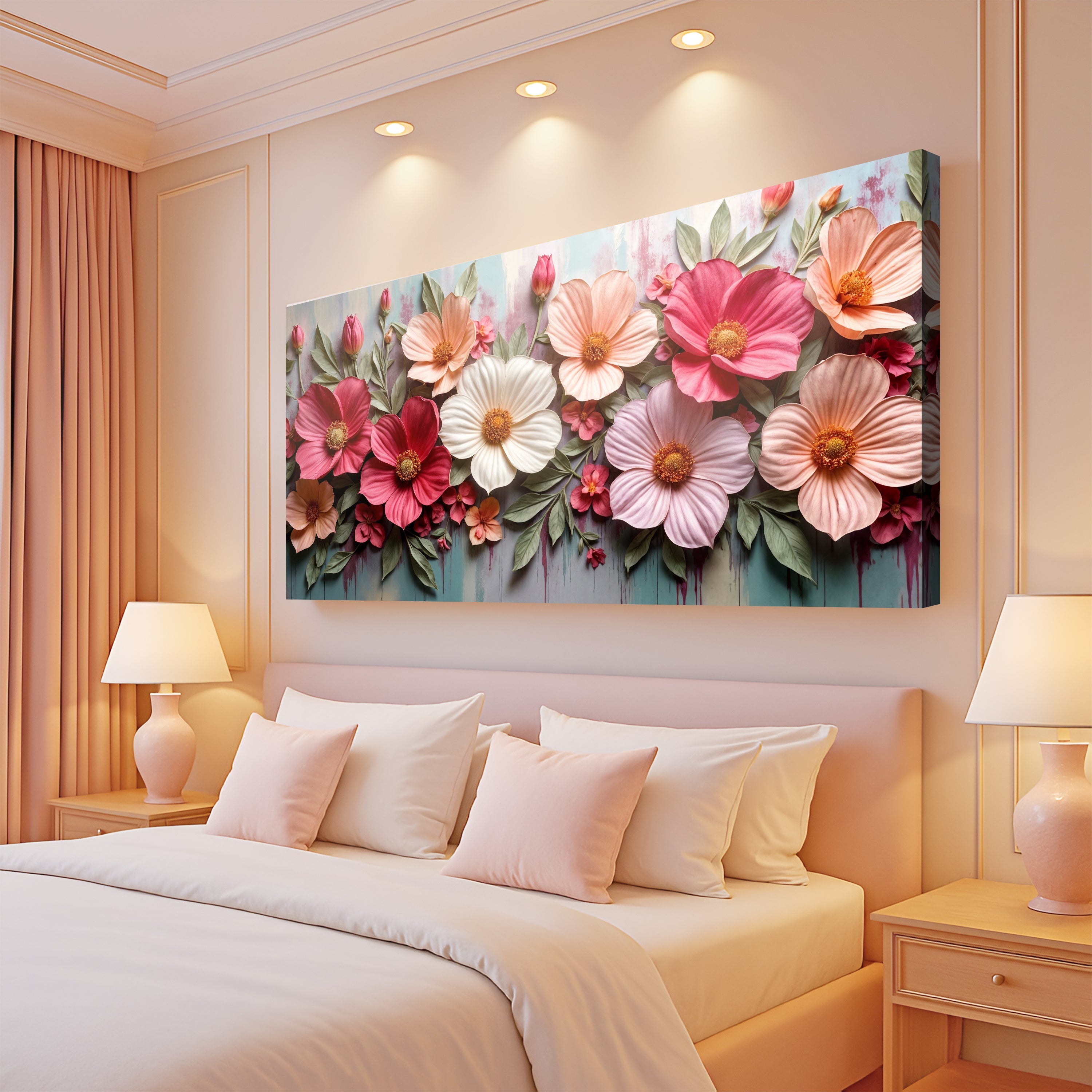 Colorful floral realistic wall art canvas by Tailored Canvases featuring vibrant, detailed flower designs for home decor.