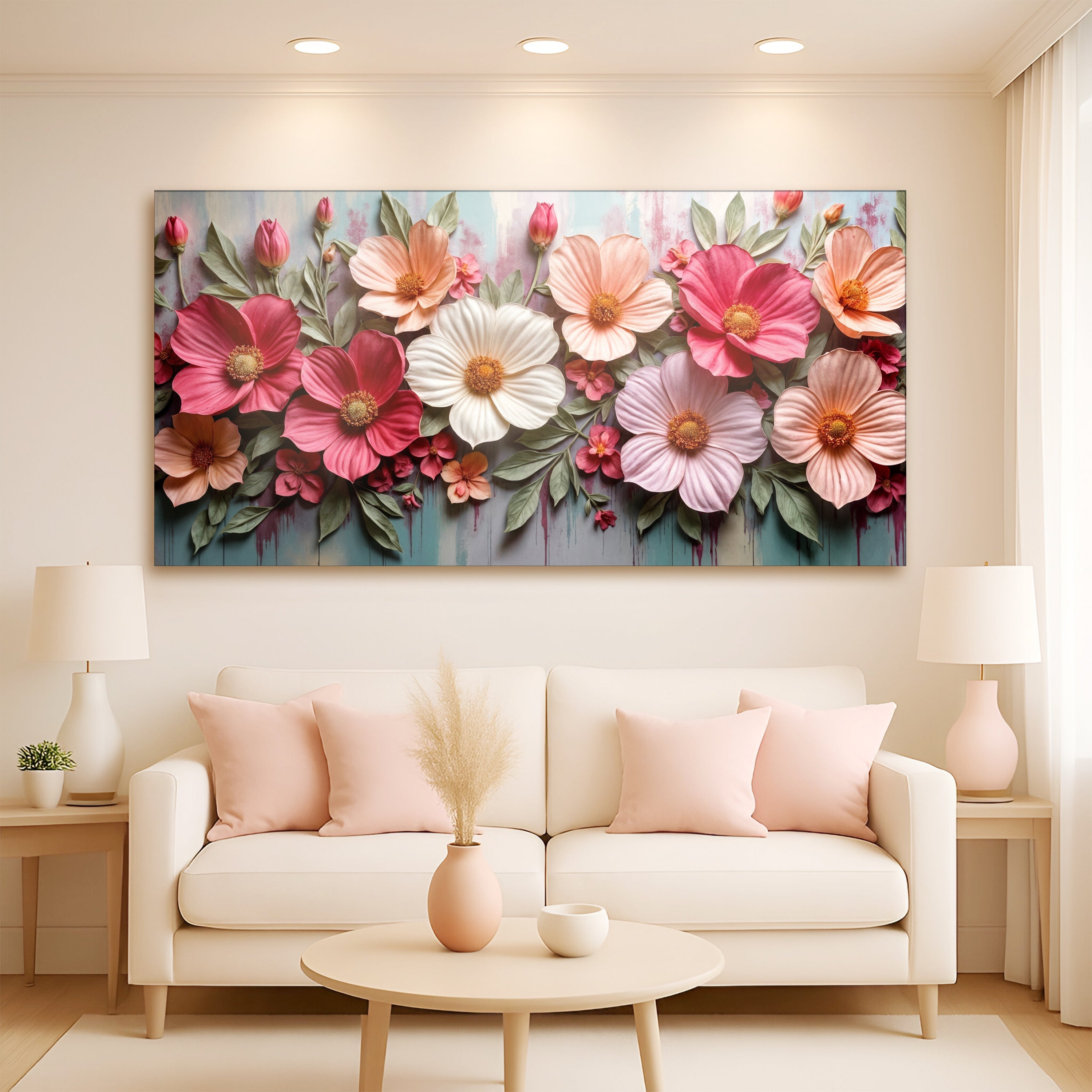 Colorful floral realistic wall art on canvas by Tailored Canvases, featuring vibrant, detailed botanical design.
