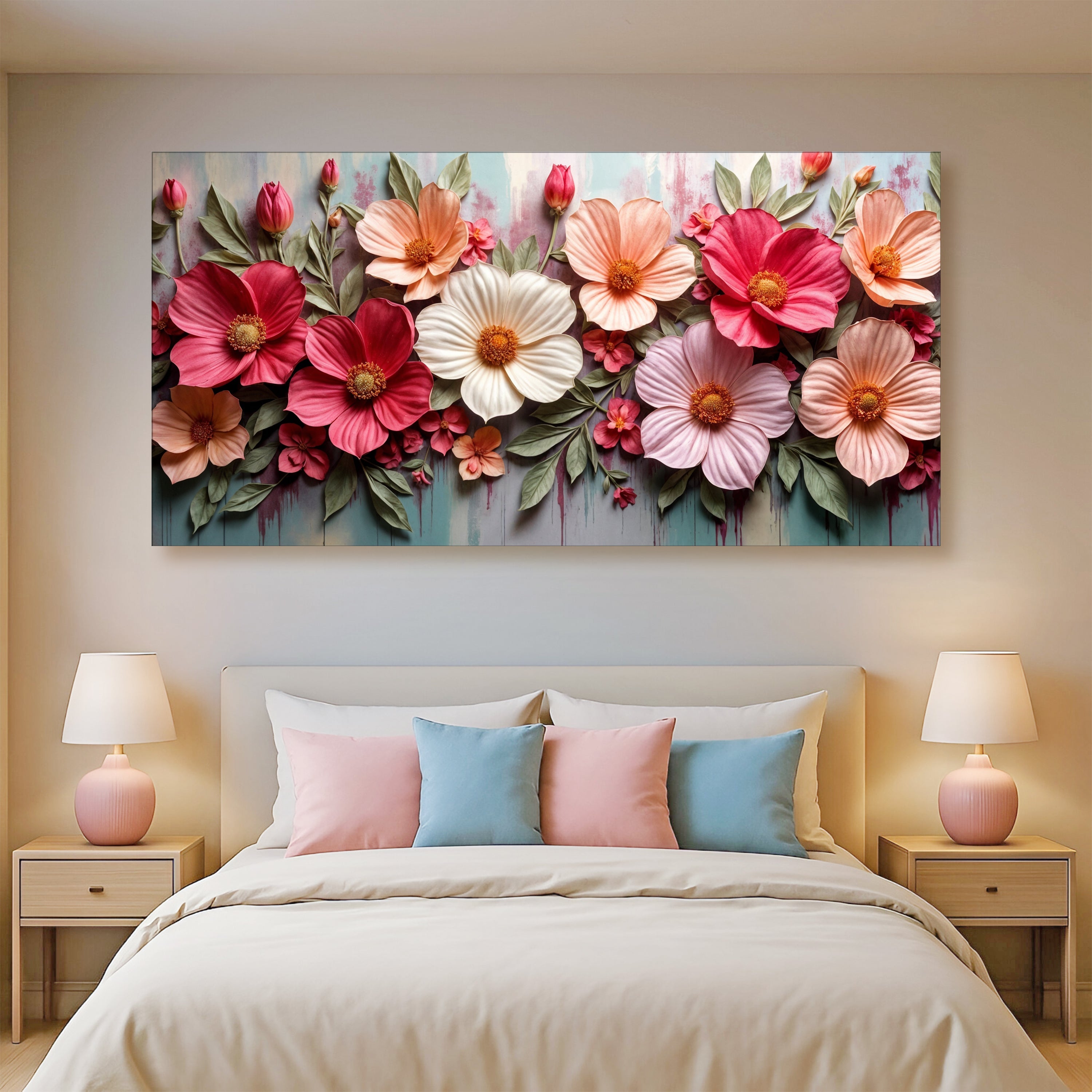 Colorful floral wall art on canvas, realistic design featuring vibrant flowers, by Tailored Canvases.