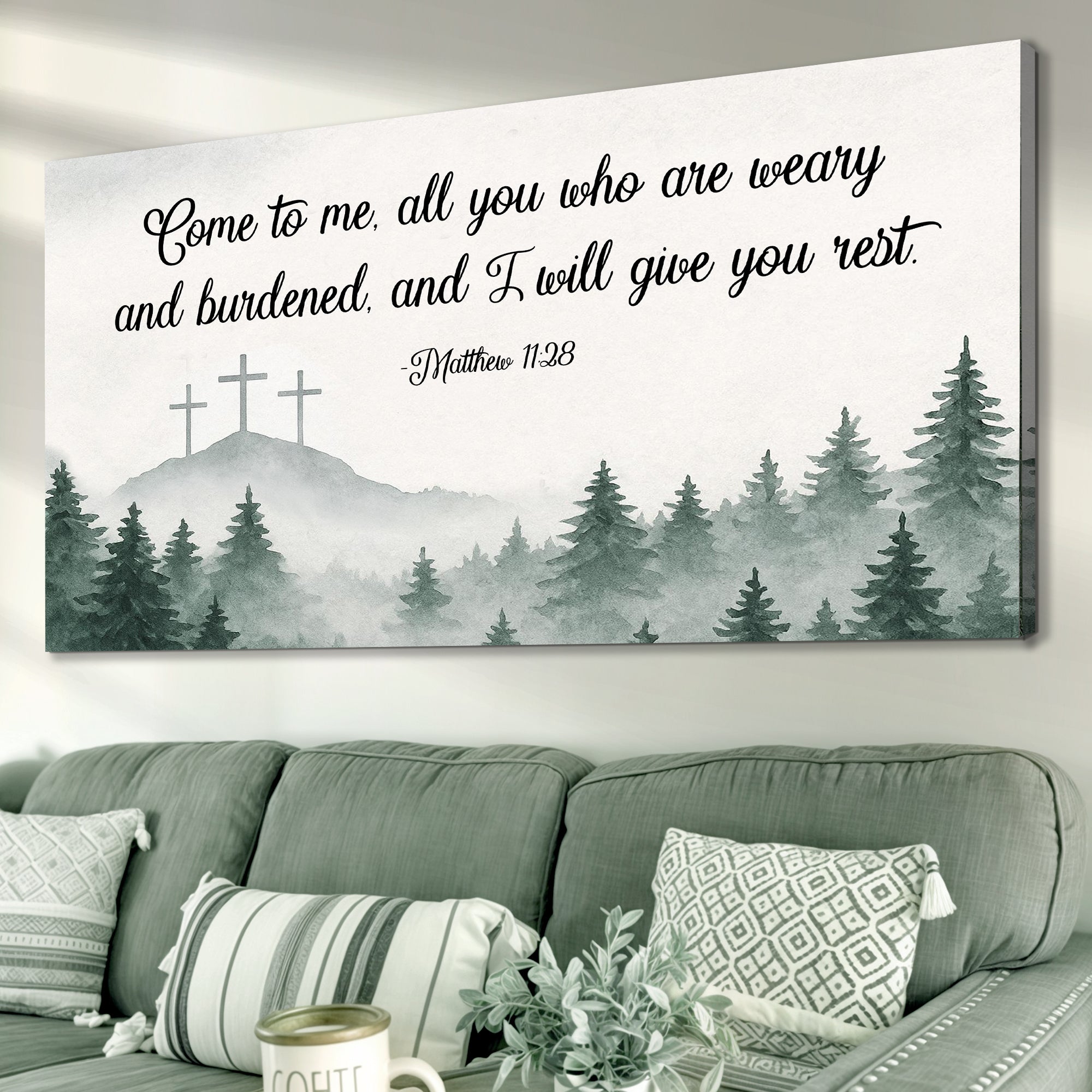 Faith sign canvas featuring Matthew 11:28 scripture, with a modern design, from Tailored Canvases, ideal for inspirational home decor.