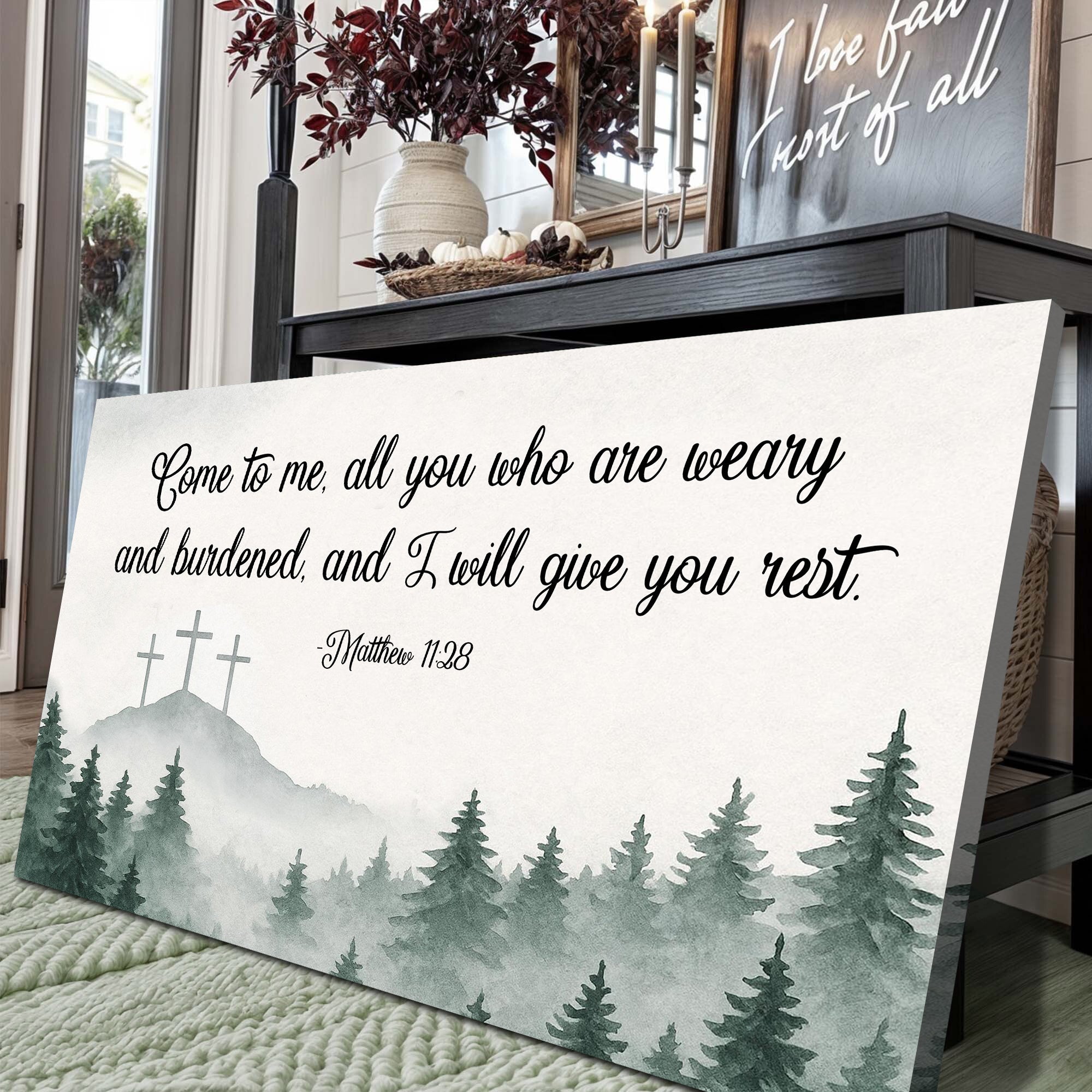 Canvas wall art featuring the "Come To Me - Matthew 11:28" faith quote by Tailored Canvases, designed for inspirational home decor.