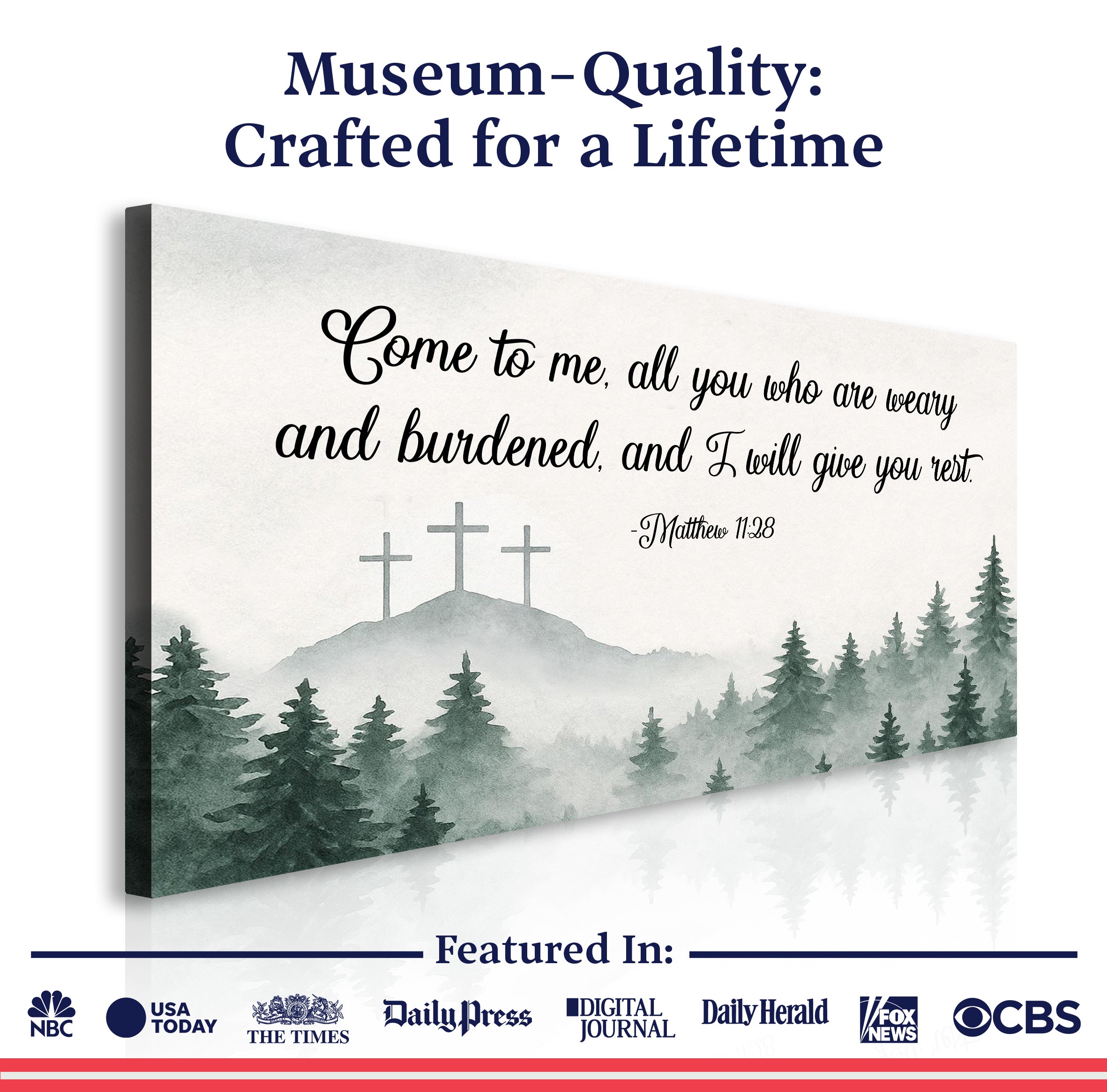 Canvas wall art featuring Matthew 11:28 "Come To Me" faith quote, designed by Tailored Canvases for inspirational home decor.