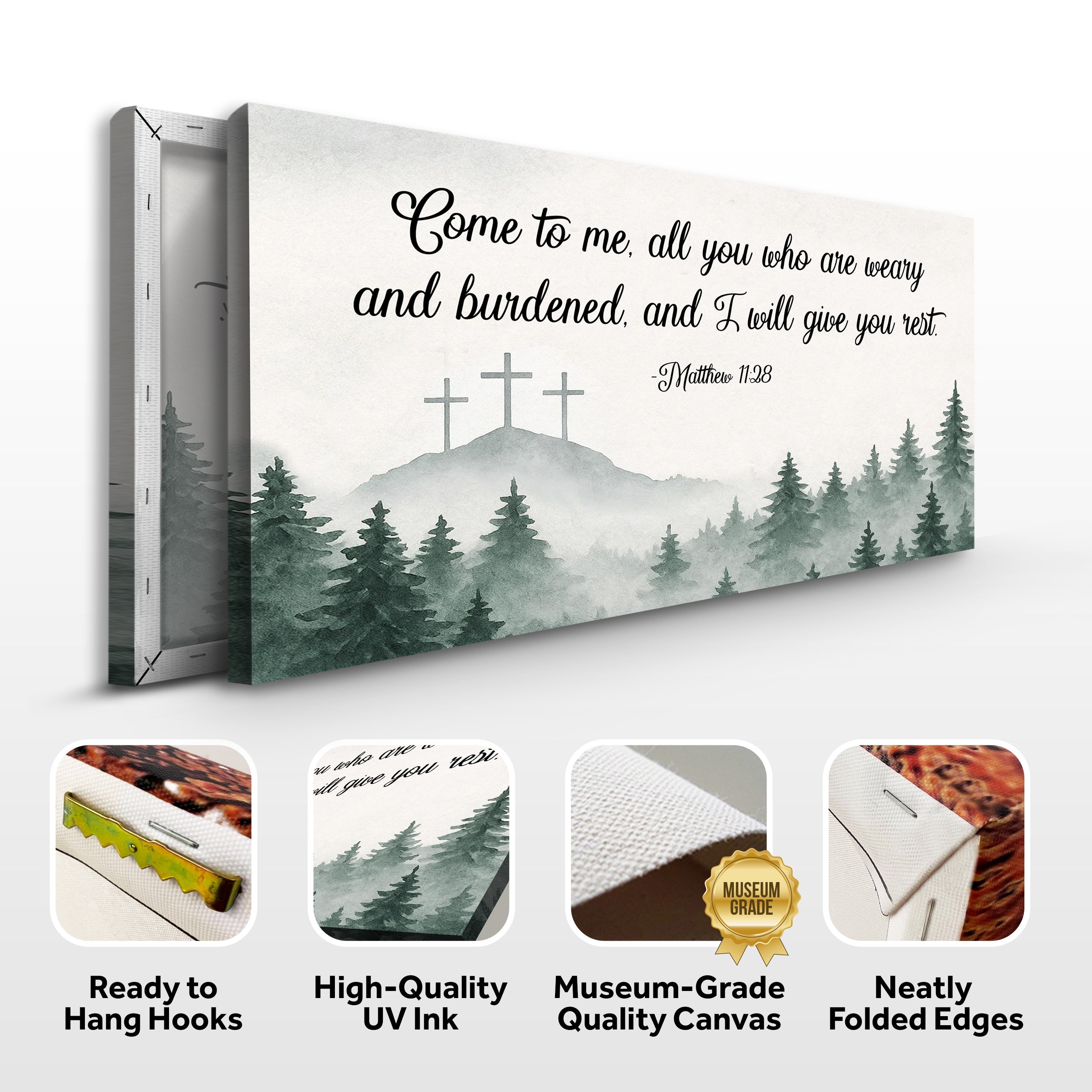 Faith sign canvas featuring Matthew 11:28 quote, with elegant design, from Tailored Canvases.