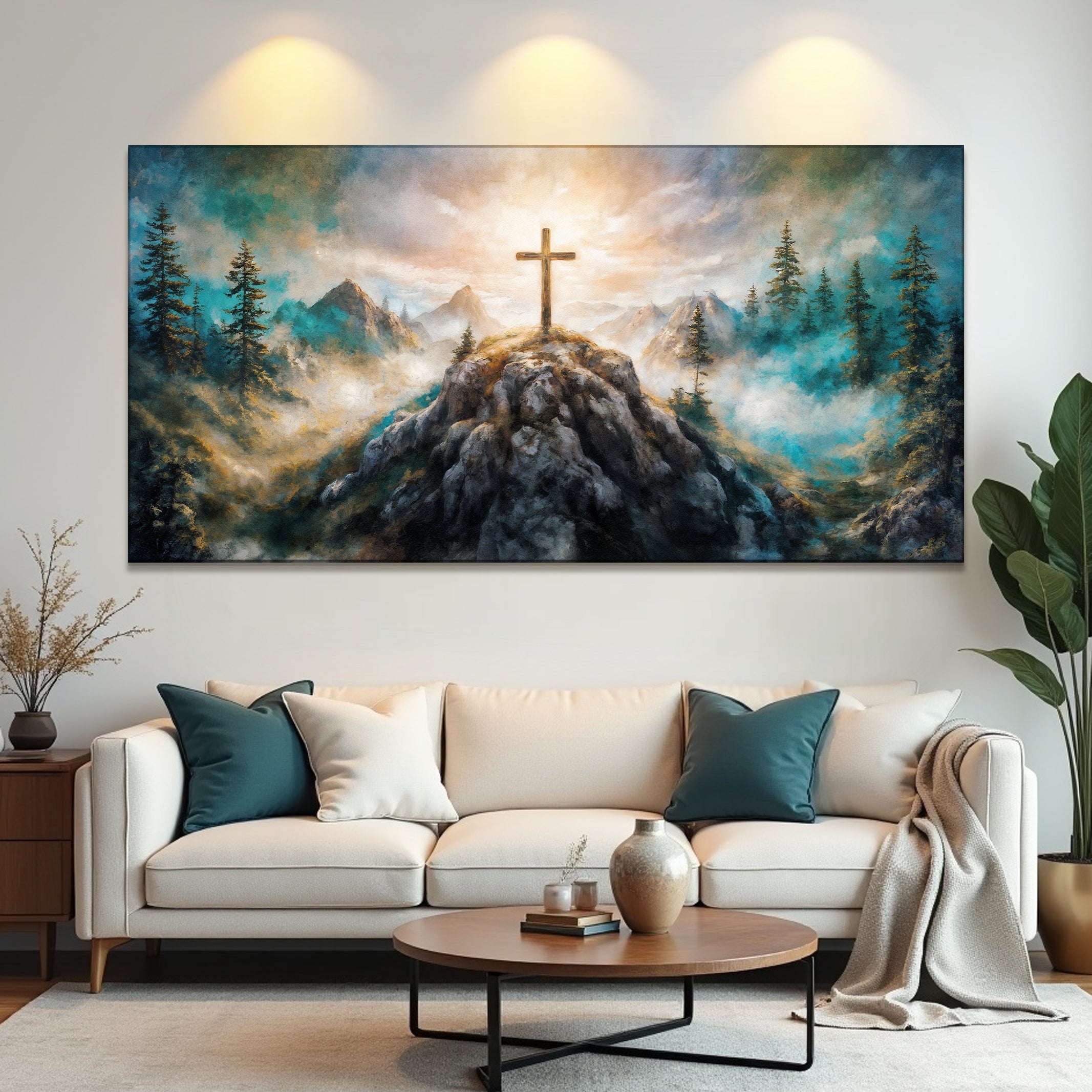 Canvas wall art featuring a cross on a hill with faith-themed design, by Tailored Canvases.