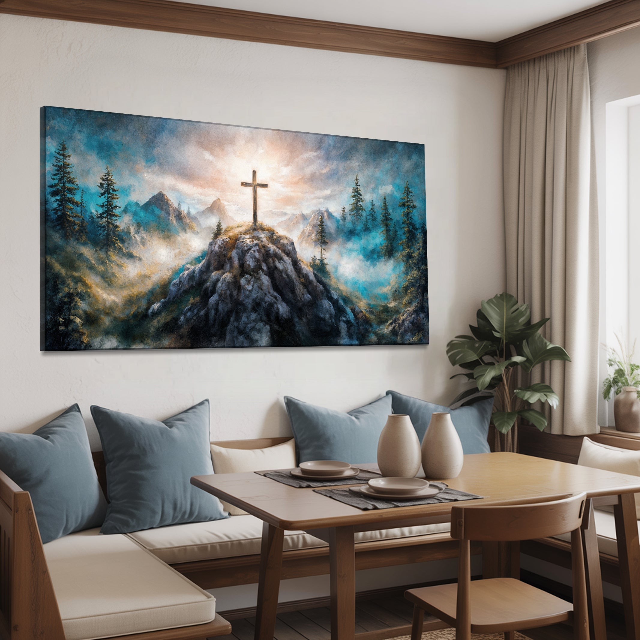 Canvas wall art featuring a cross on a hill with faith-themed design by Tailored Canvases, suitable for religious home decor.