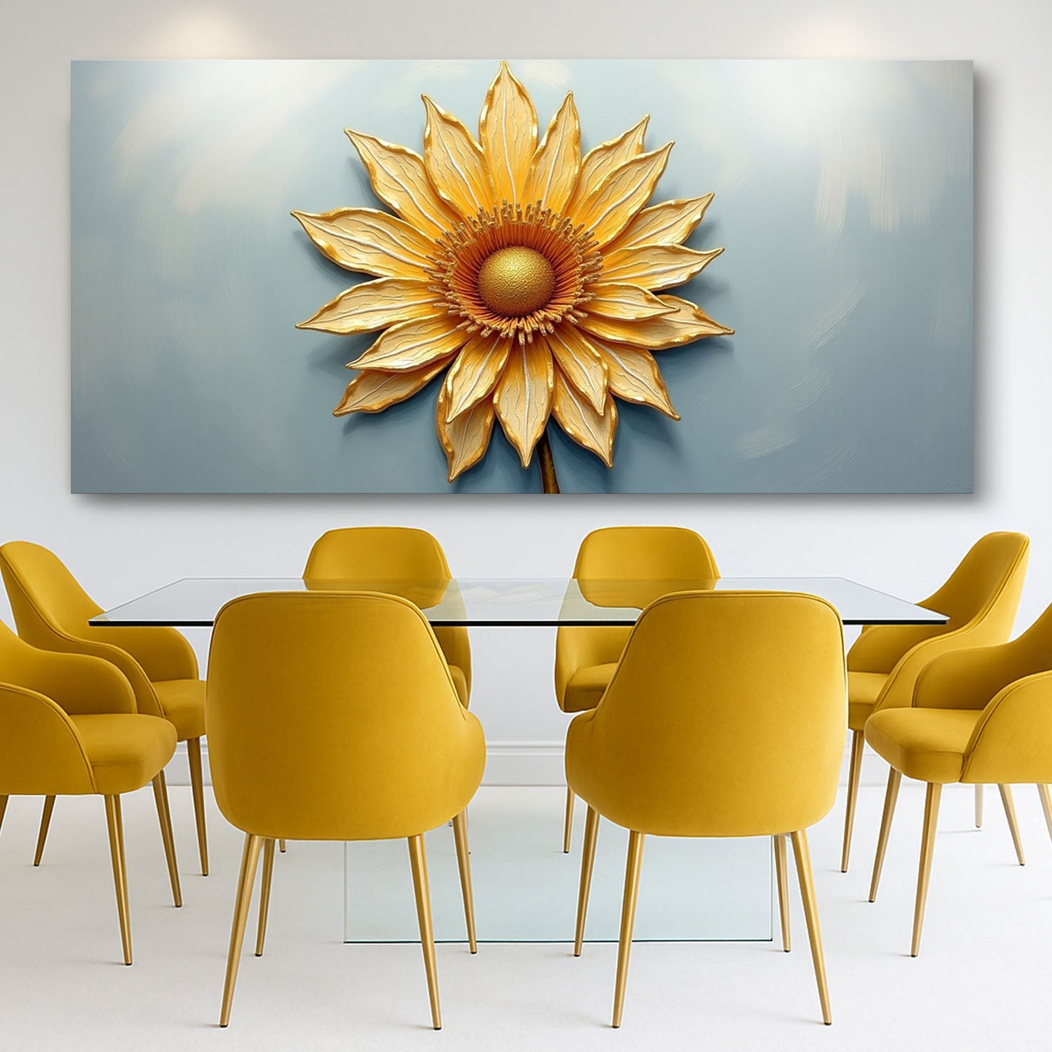 Golden dandelion minimalist abstract wall art printed on canvas by Tailored Canvases, featuring a modern, understated floral design.