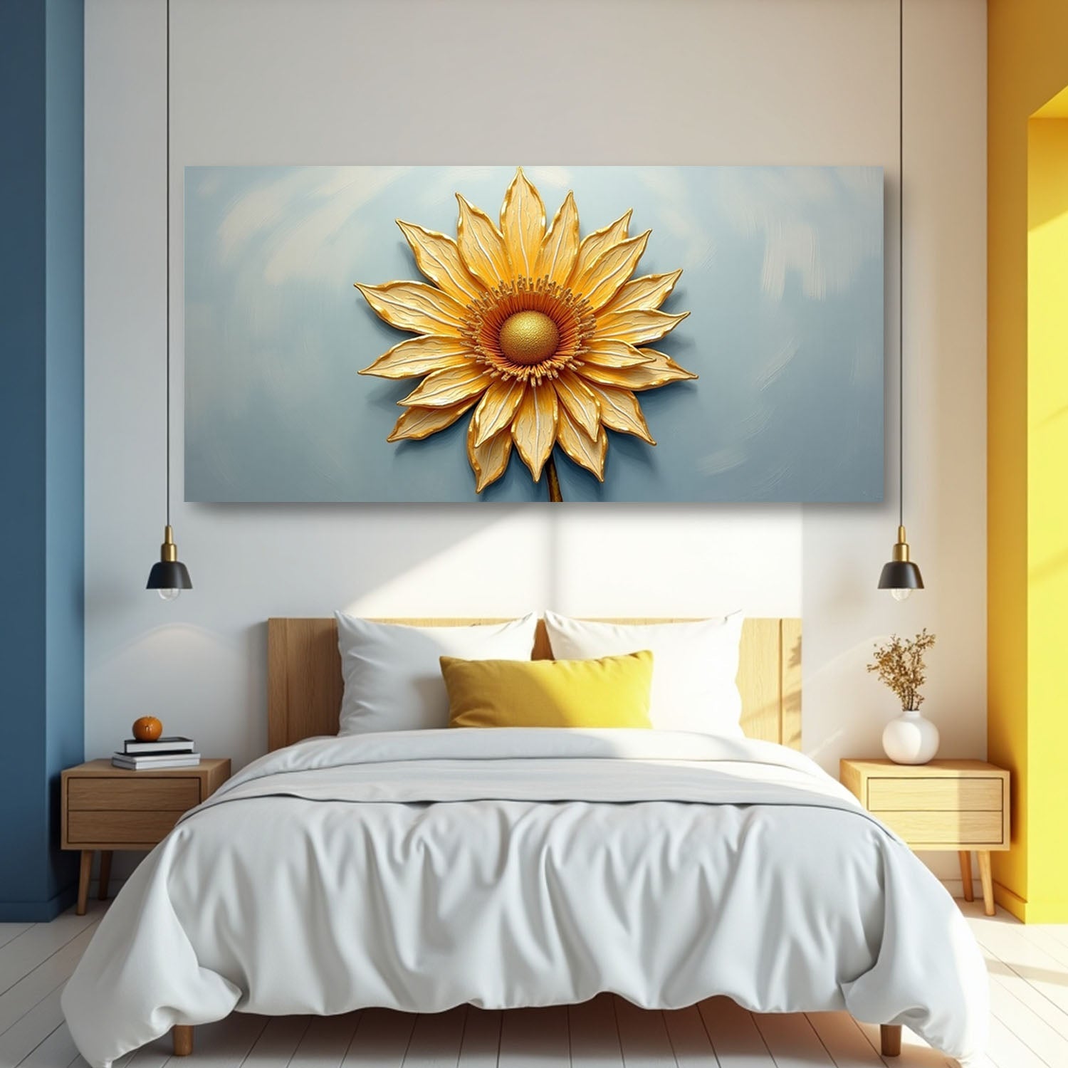 Golden dandelion minimalist abstract wall art on canvas by Tailored Canvases, featuring a delicate golden dandelion design on a neutral background.