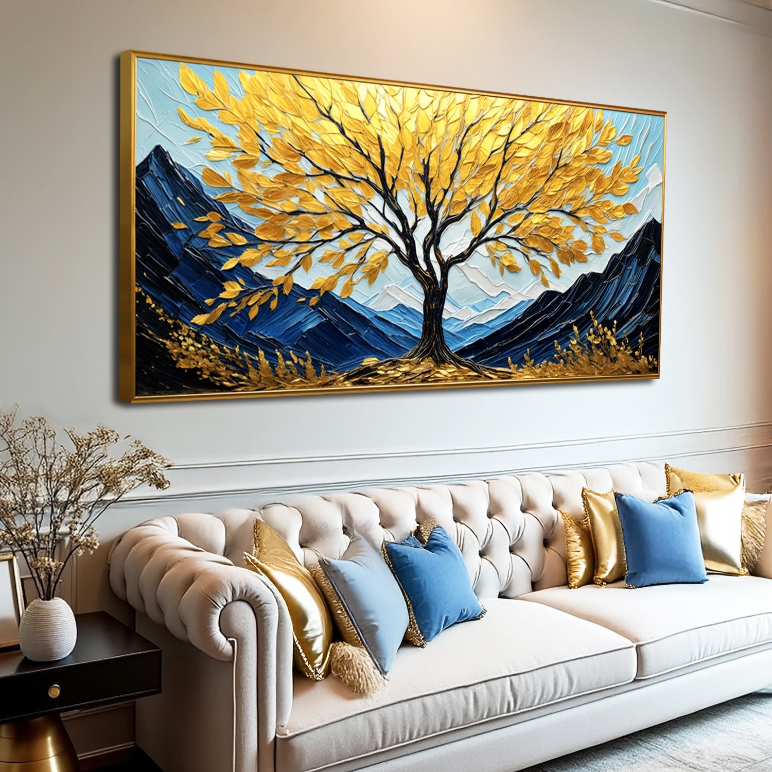 Golden Sanctuary wall art canvas by Tailored Canvases showing a serene, gold-toned spiritual scene with intricate details.