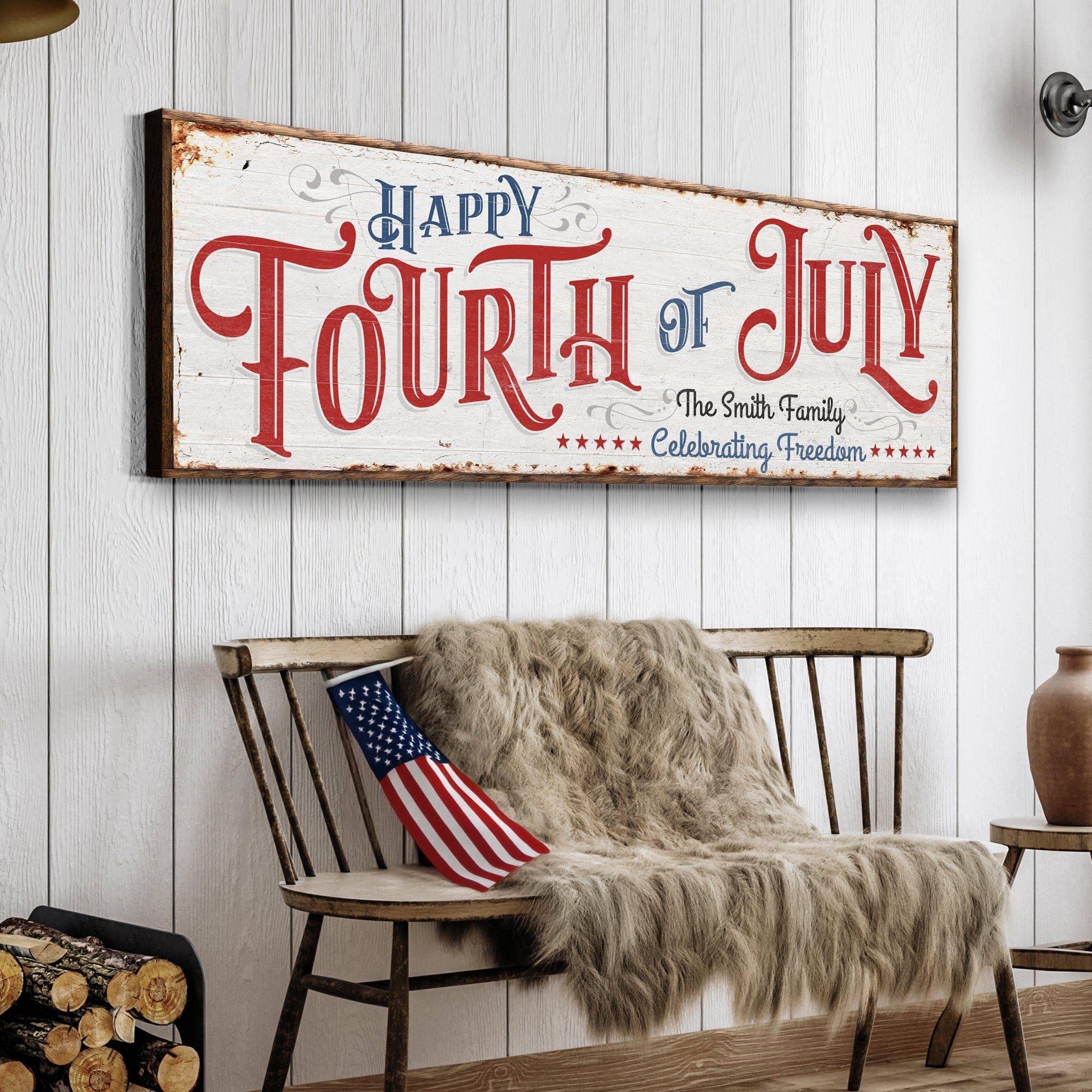 Red, white, and blue personalized 4th of July canvas wall art by Tailored Canvases, perfect for Independence Day home décor.