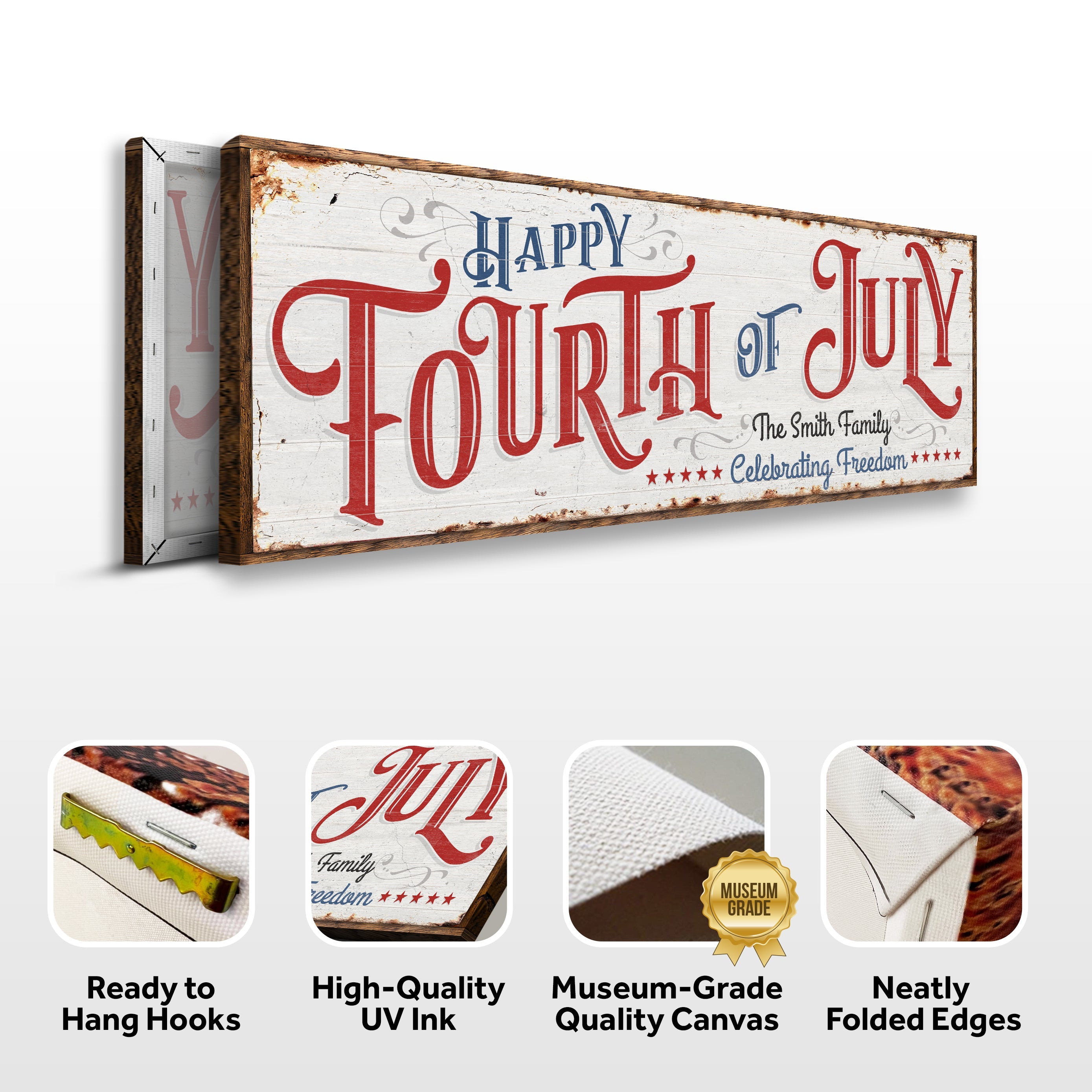 Red, white, and blue personalized Happy 4th of July canvas wall art by Tailored Canvases, perfect for Independence Day home decor.