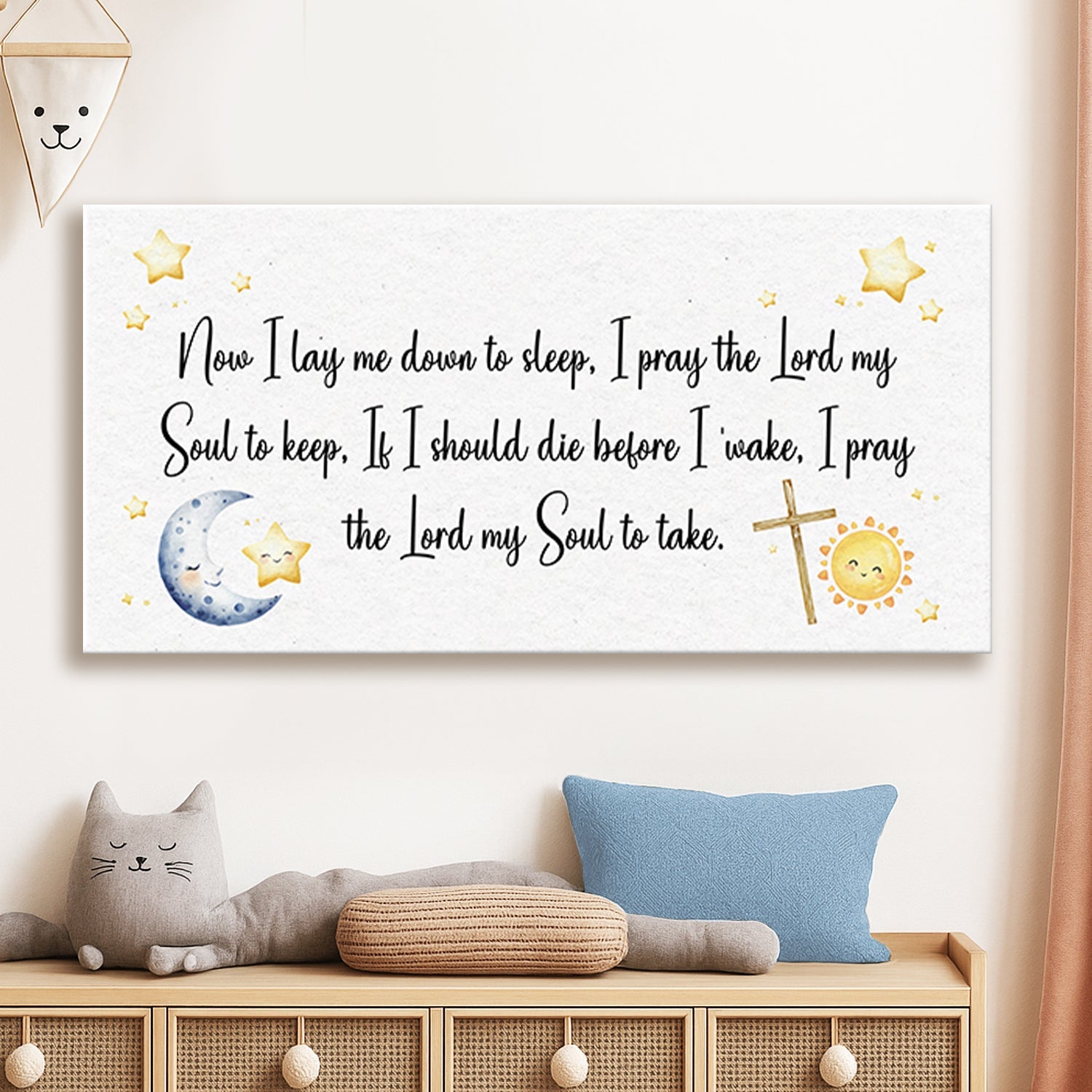 Canvas faith sign with soothing "I Lay Me Down To Sleep" quote, designed by Tailored Canvases, featuring calming script and decorative border.