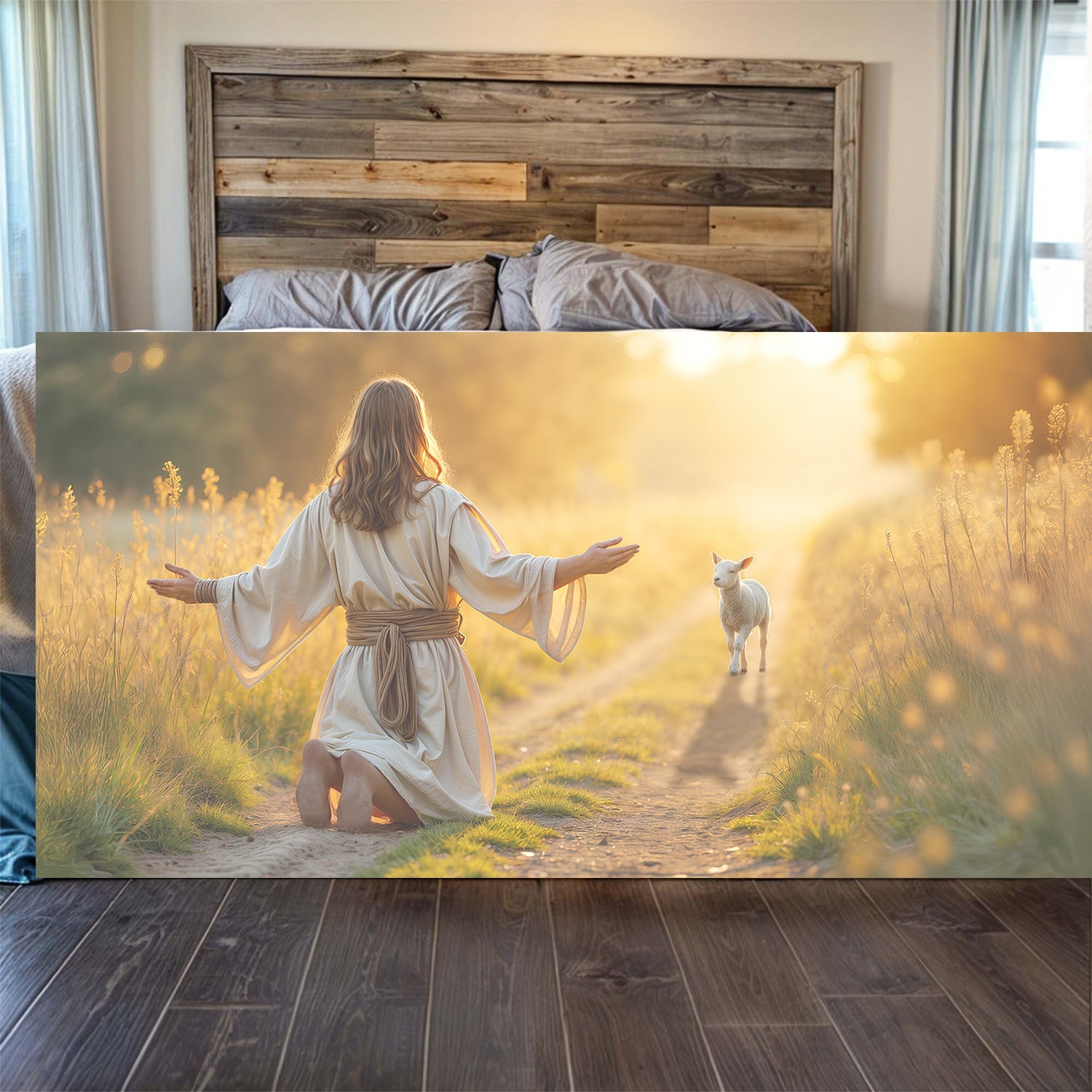 Canvas wall art featuring a Jesus protecting the lamb from wolves, with faith-inspired imagery by Tailored Canvases.