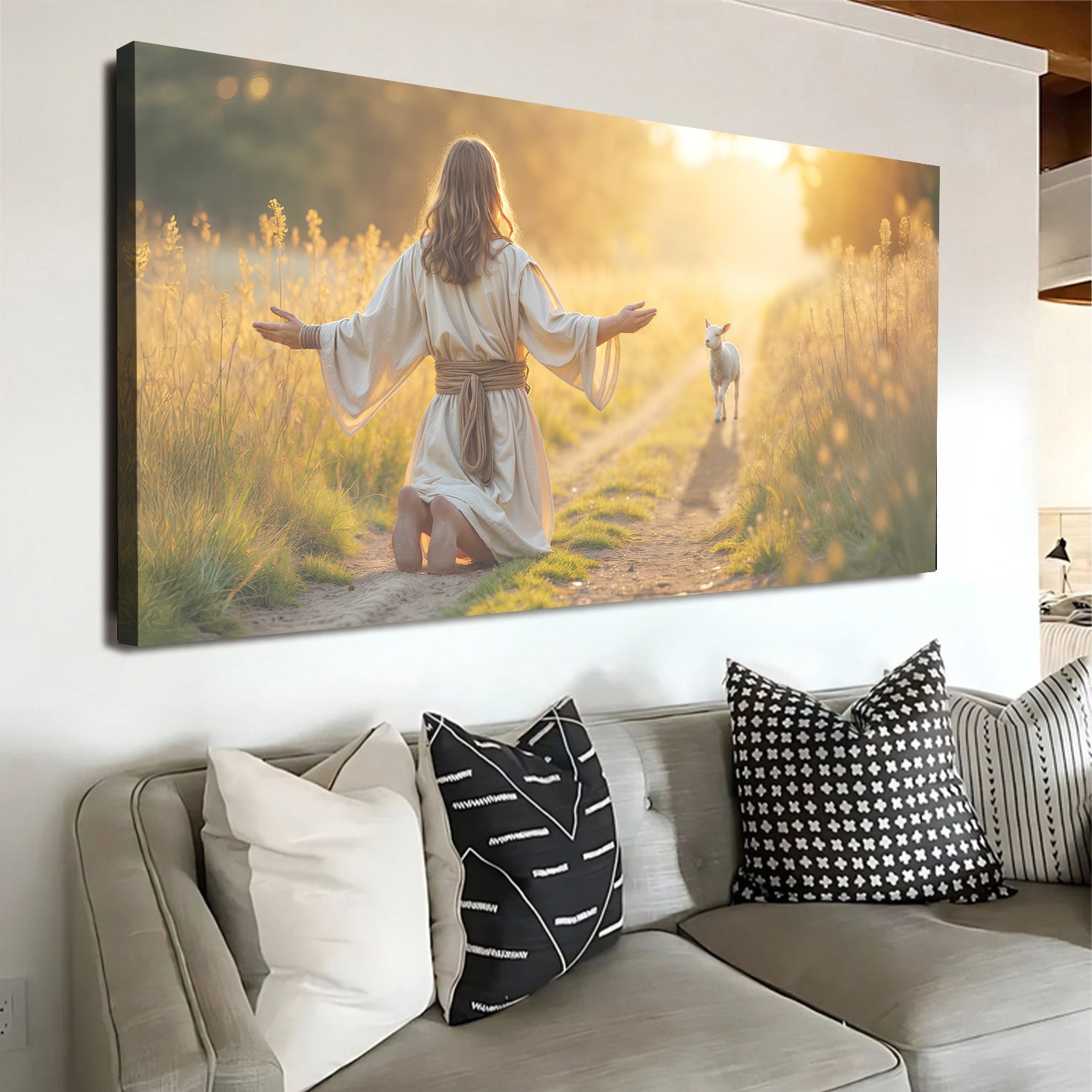 Canvas wall art by Tailored Canvases depicting Jesus protecting a lamb from wolves, featuring religious faith imagery.